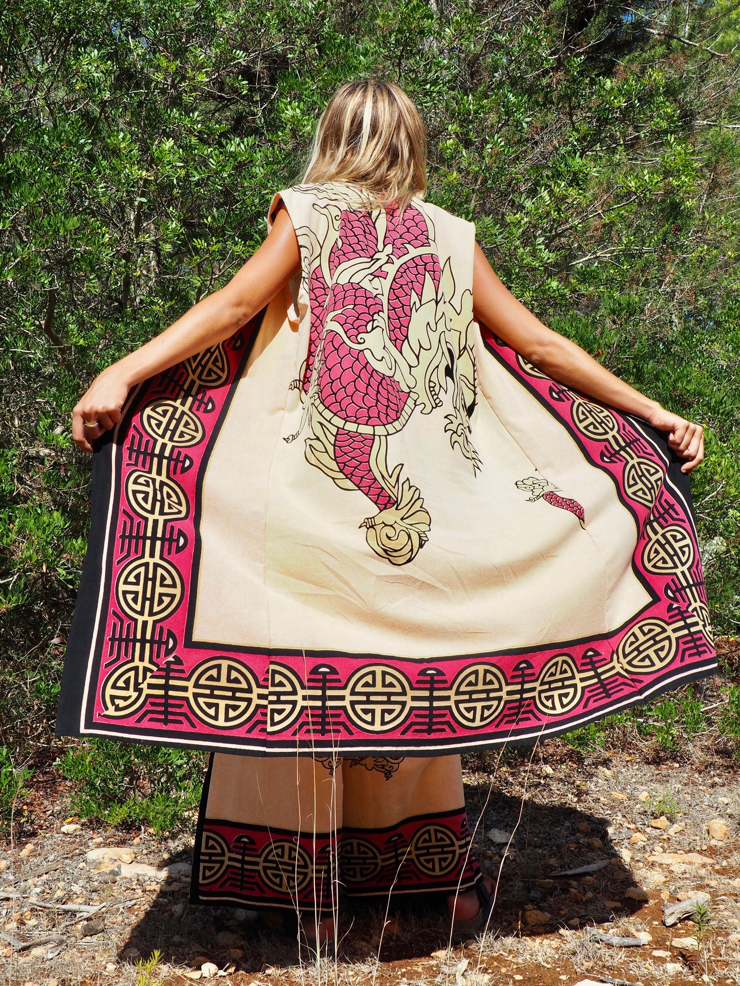 Up-cycled cotton long kimono waistcoat in pink and cream with dragon design and circular motifs by Vagabond Ibiza