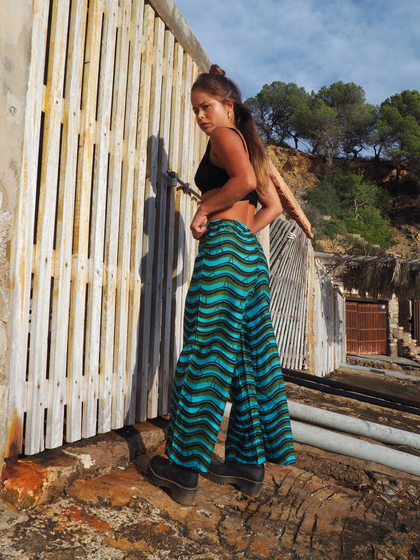 Screen printed blue and black wide leg pants made by Vagabond Ibiza