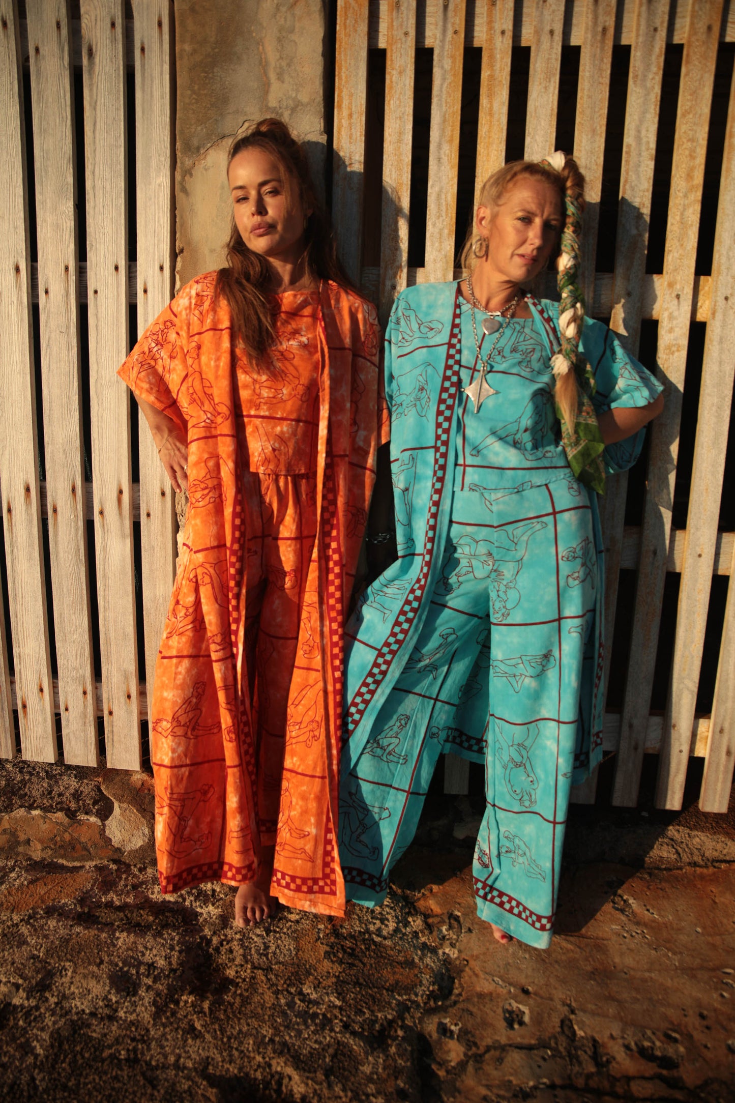 Up-cycled vintage cotton 3 piece set top and pants and mid length kimono cover up with printed karma sutra design in bright orange