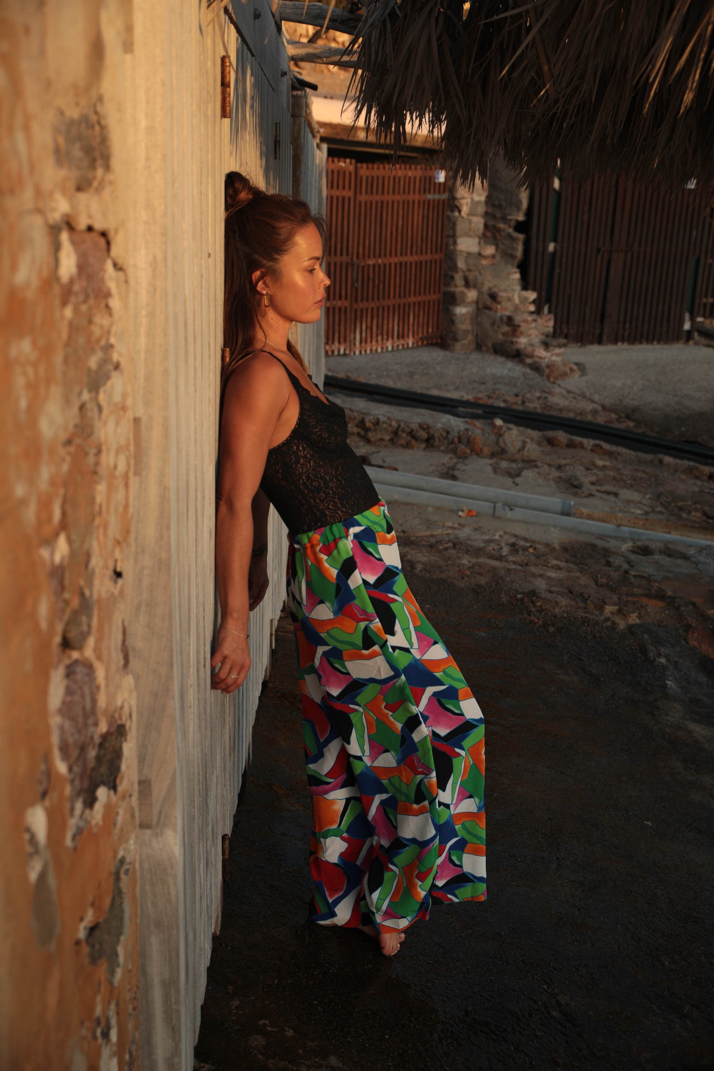 Up-cycled vintage colourful printed wide leg pants made by Vagabond Ibiza with elasticated waist