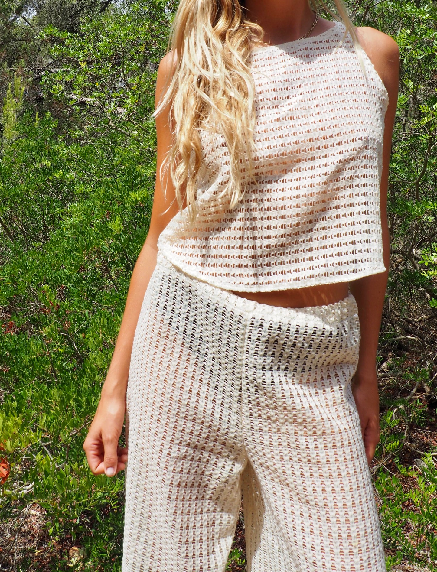 Up-cycled cream mesh woven shear crop top vest by Vagabond Ibiza