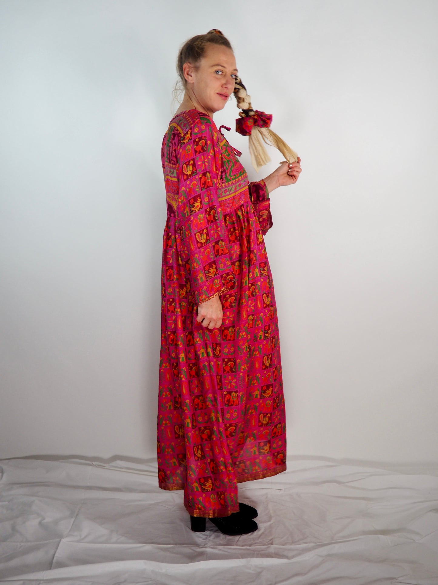 The Vadella Up-cycled Vintage Re-cycled Sari Maxi Dress – Sustainable Boho Dress with Tie Neck Detail + Matching Scrunchy & Bag