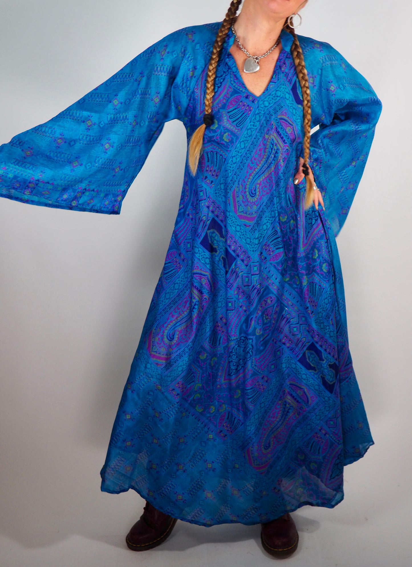 The Diamond Bias-Cut Maxi Dress – Up-cycled Vintage Sari Sustainable Dress with angel Sleeves + Matching Scrunchy & Bag