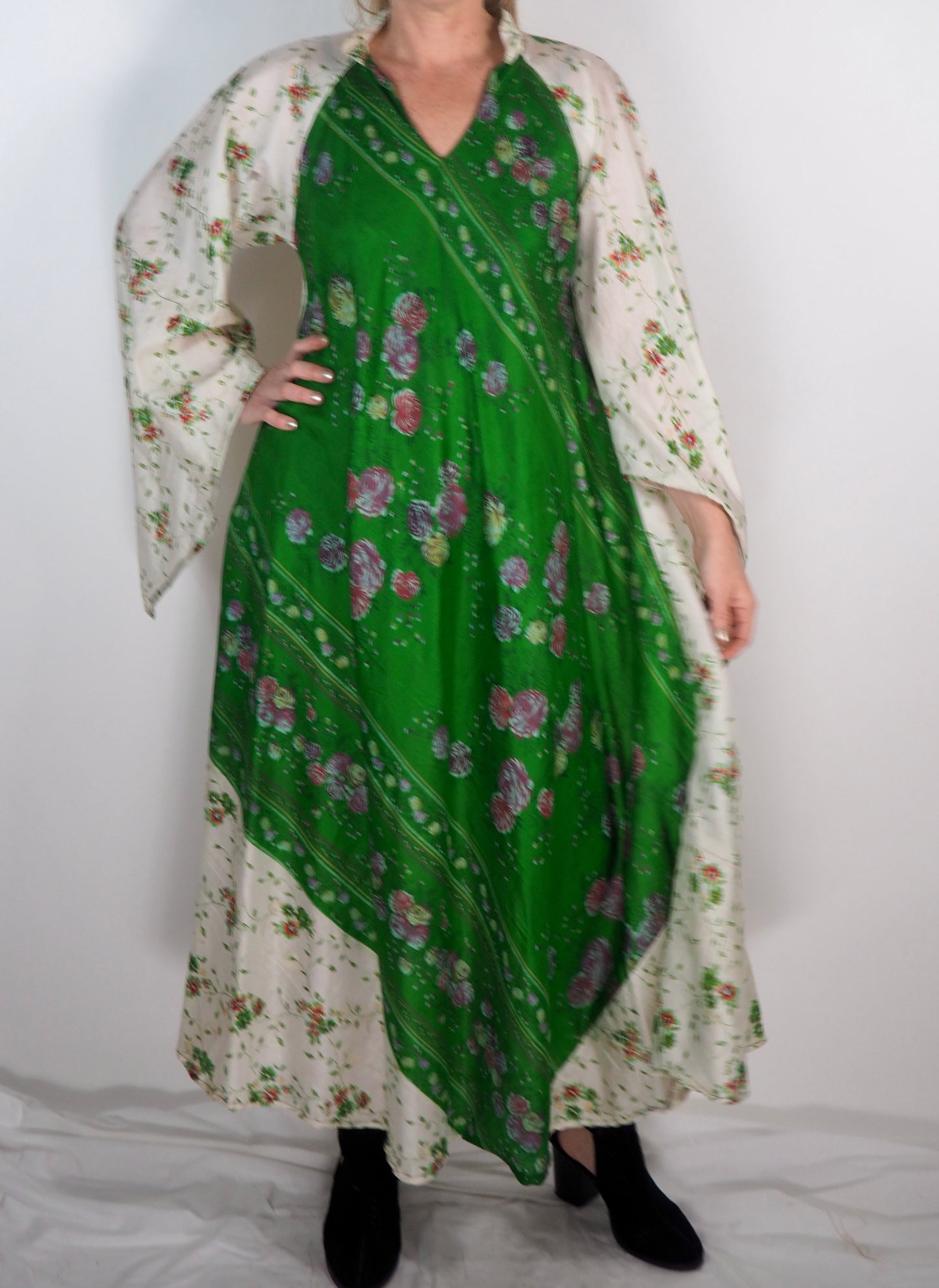 The Diamond Bias-Cut Maxi Dress – Up-cycled Vintage Sari Sustainable Dress with angel Sleeves + Matching Scrunchy & Bag