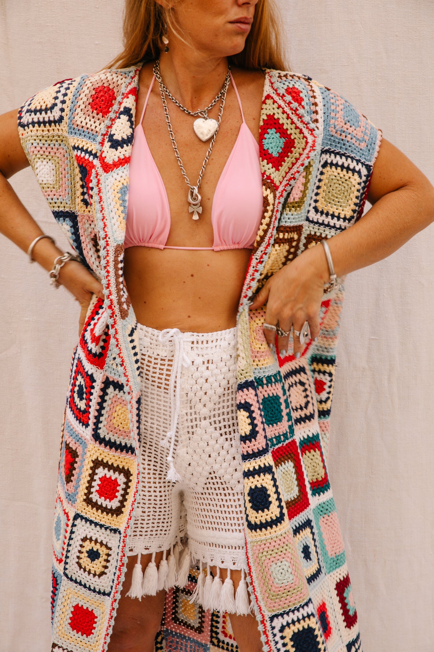 Vintage 1970s Granny Square Crochet blanket jacket waistcoat up-cycled by Vagabond Ibiza