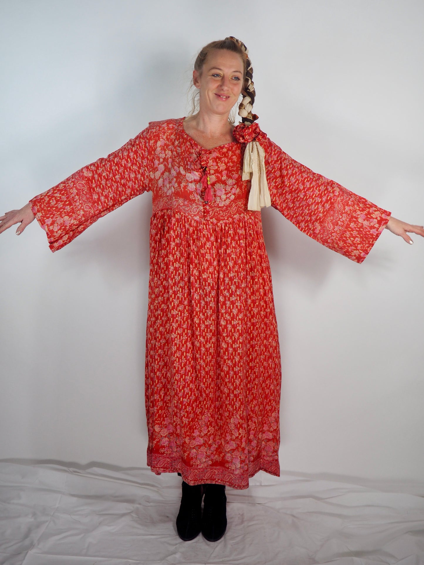 The Vadella Up-cycled Vintage Re-cycled Sari Maxi Dress – Sustainable Boho Dress with Tie Neck Detail + Matching Scrunchy & Bag