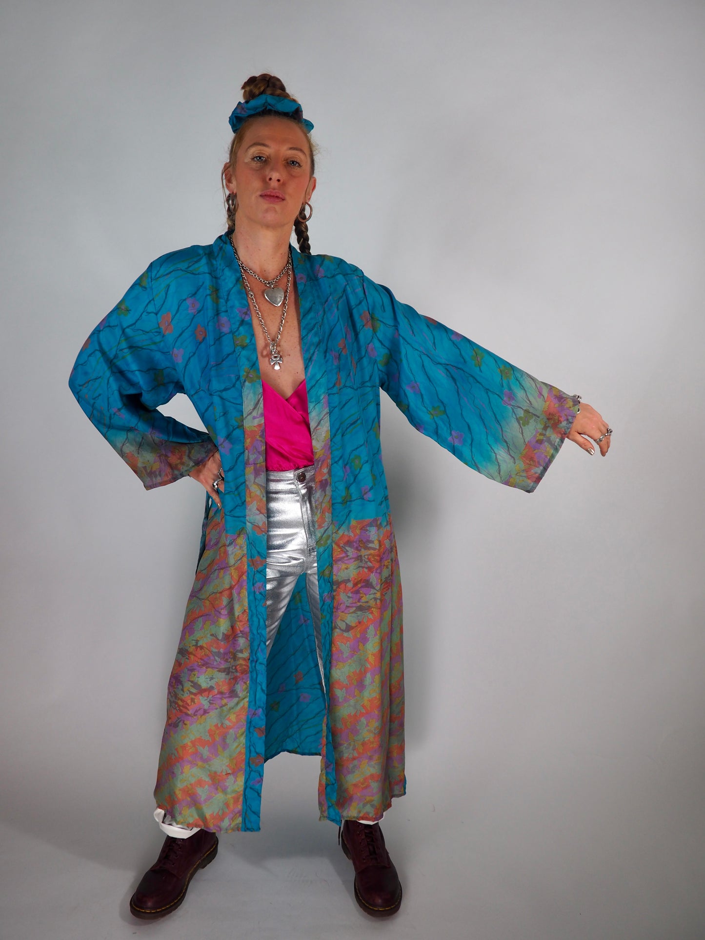 The Kardash Long Kimono – Up-cycled Vintage Sari long Kimono Robe with Waist Tie + Matching Scrunchy & Storage Bag