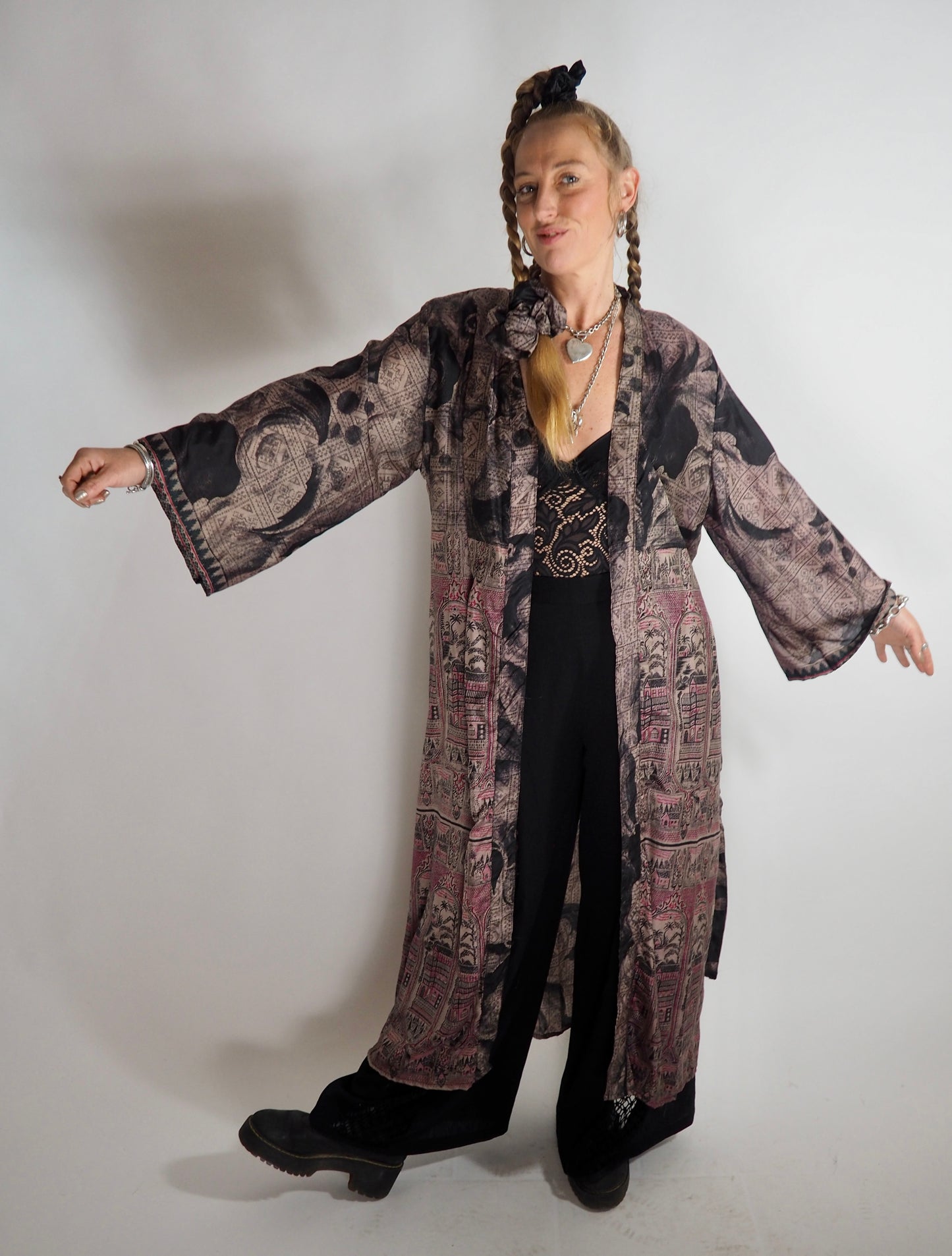 The Kardash Long Kimono – Up-cycled Vintage Sari long Kimono Robe with Waist Tie + Matching Scrunchy & Storage Bag