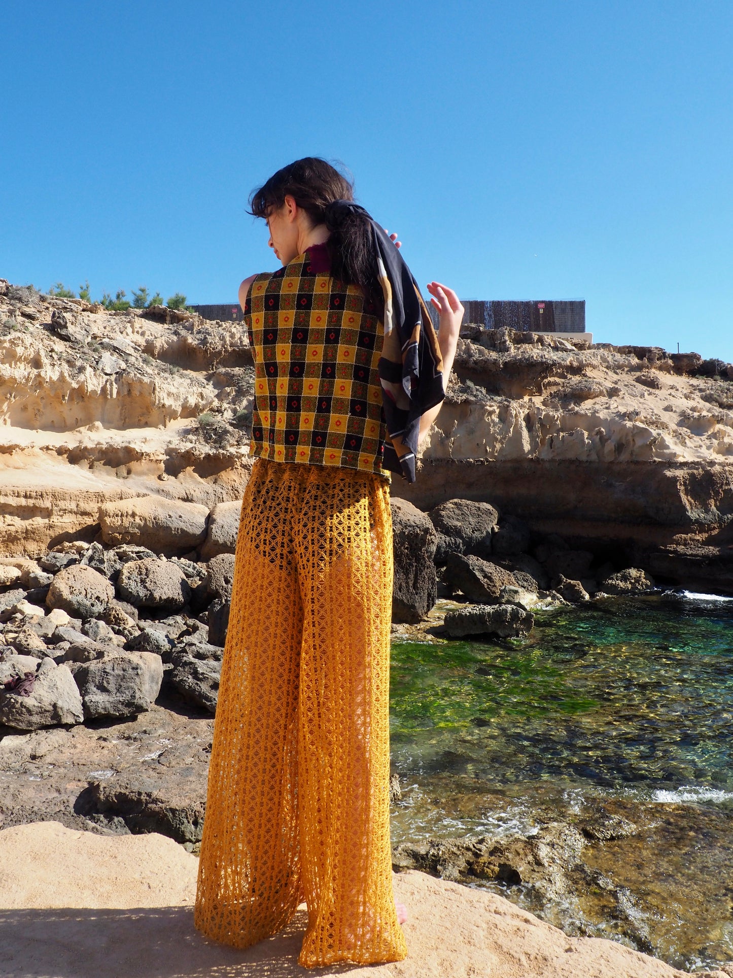 Up-cycled Mustard Yellow Wide-Leg Pants made from machine crochet textiles by Vagabond Ibiza
