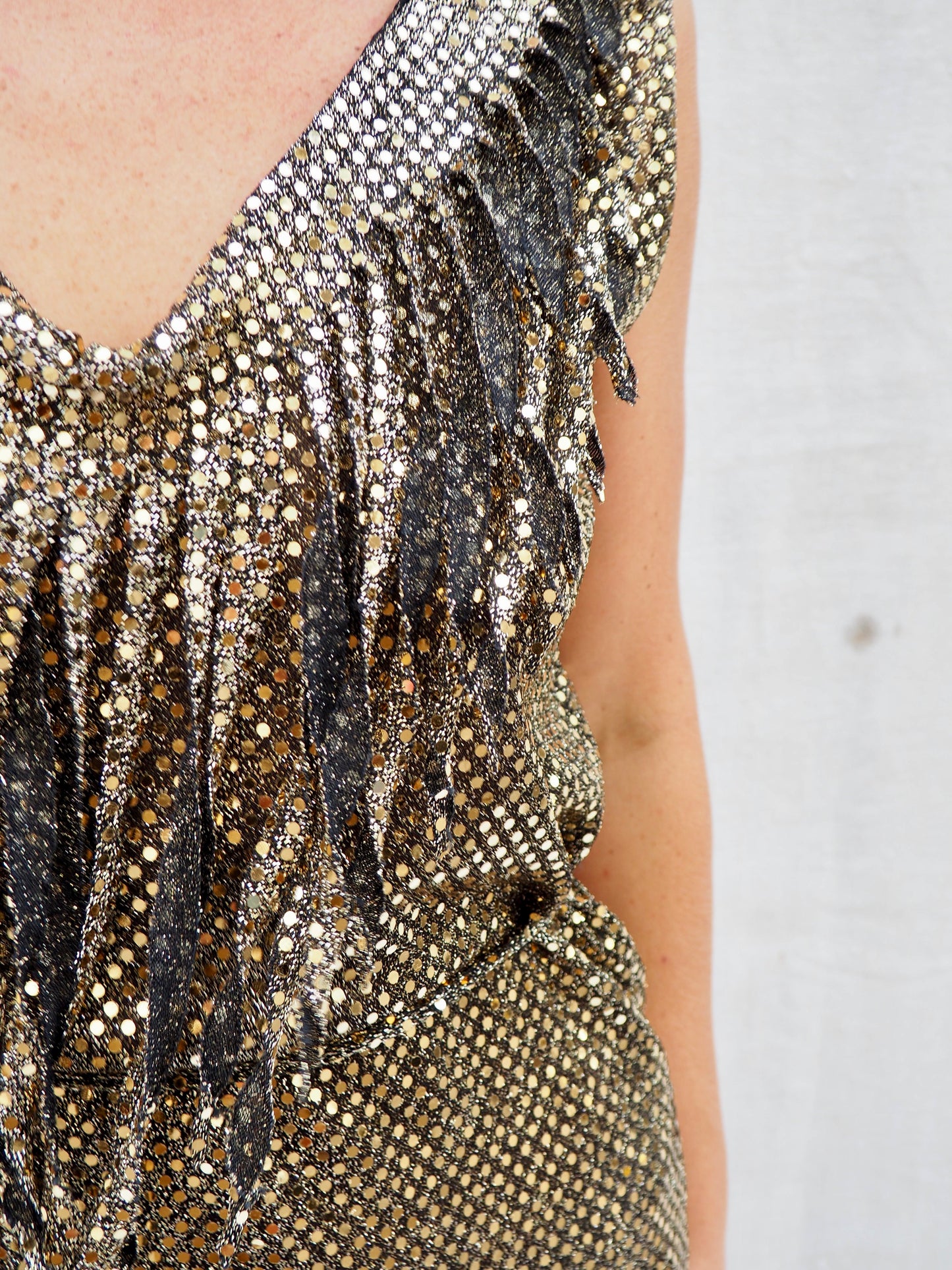 1970s Vintage Gold Sequin Fringe Dress