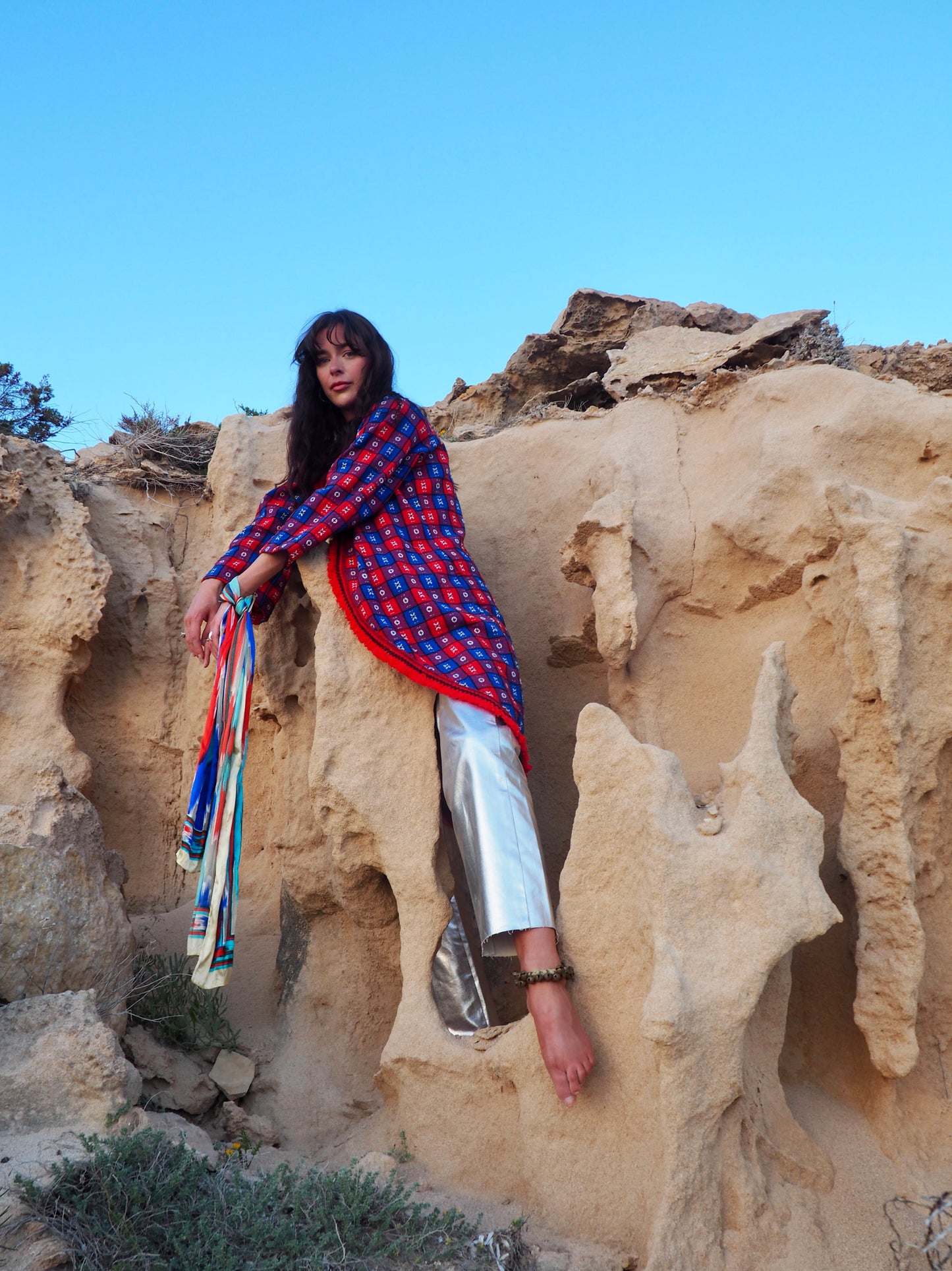 Upcycled Vintage Long Full Jacket in Red and Blue - Made by Vagabond Ibiza