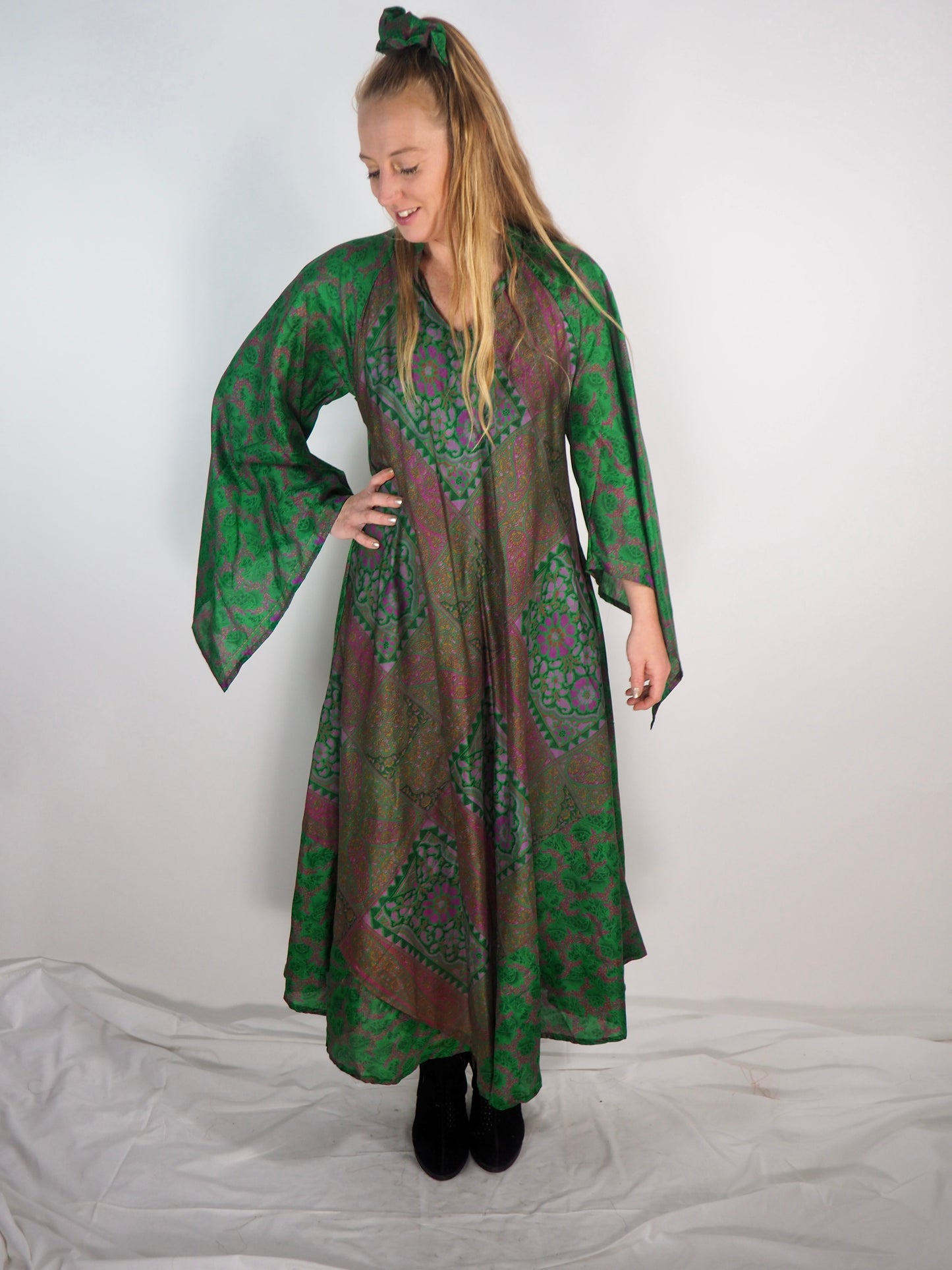 The Diamond Bias-Cut Maxi Dress – Up-cycled Vintage Sari Sustainable Dress with angel Sleeves + Matching Scrunchy & Bag