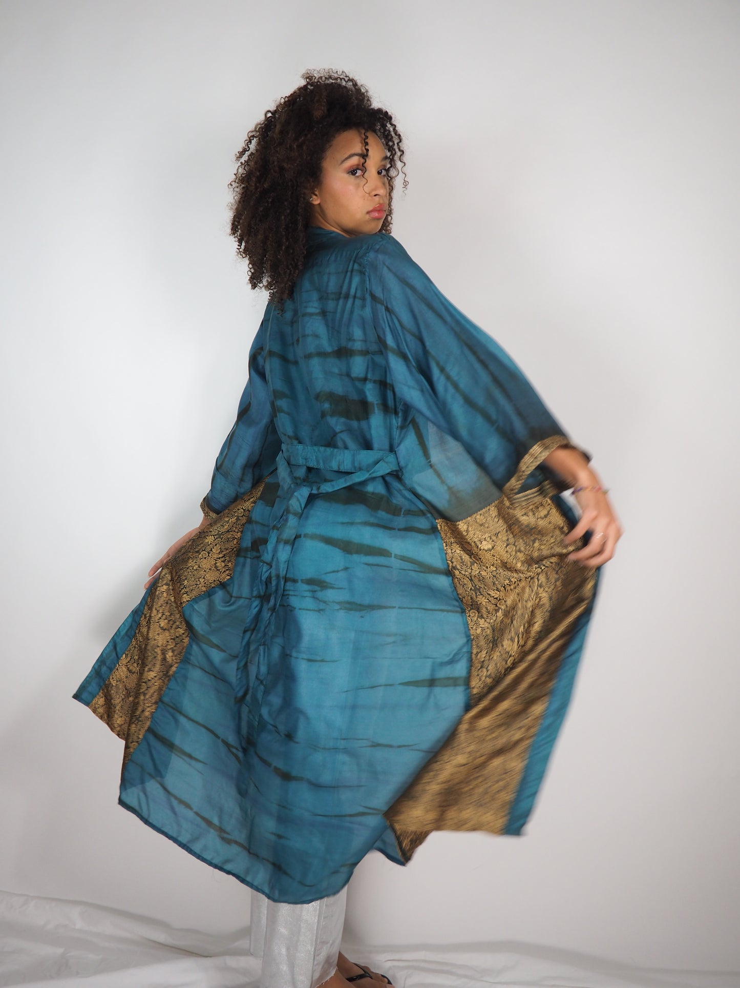 The Kardash Long Kimono – Up-cycled Vintage Sari long Kimono Robe with Waist Tie + Matching Scrunchy & Storage Bag