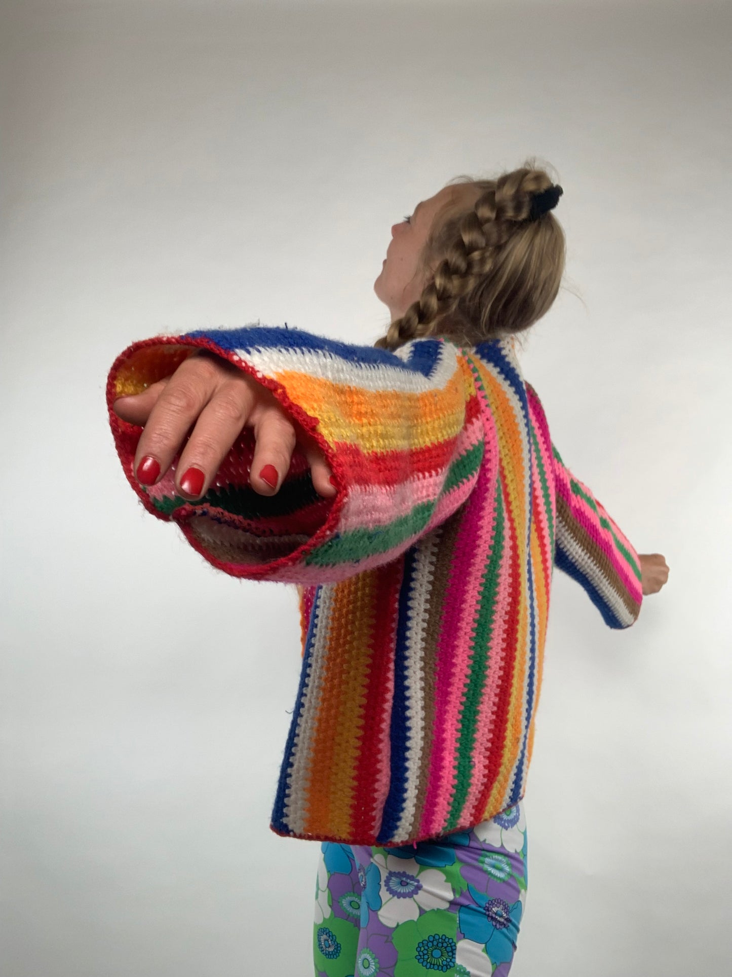 Vintage rainbow striped crochet cropped up-cycled jacket made by Vagabond Ibiza