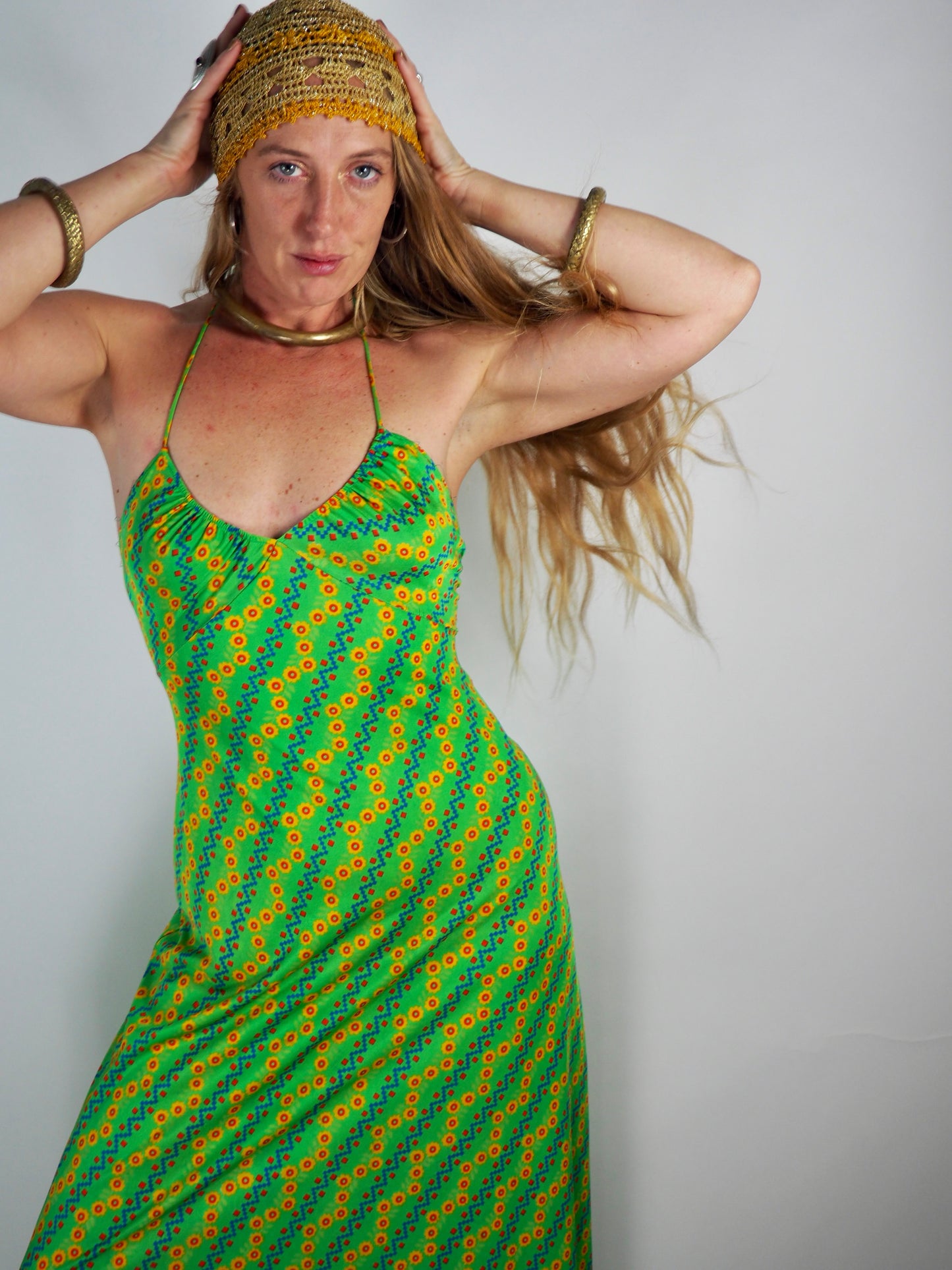 1970s Vintage Maxi Dress - Psychedelic Green Print