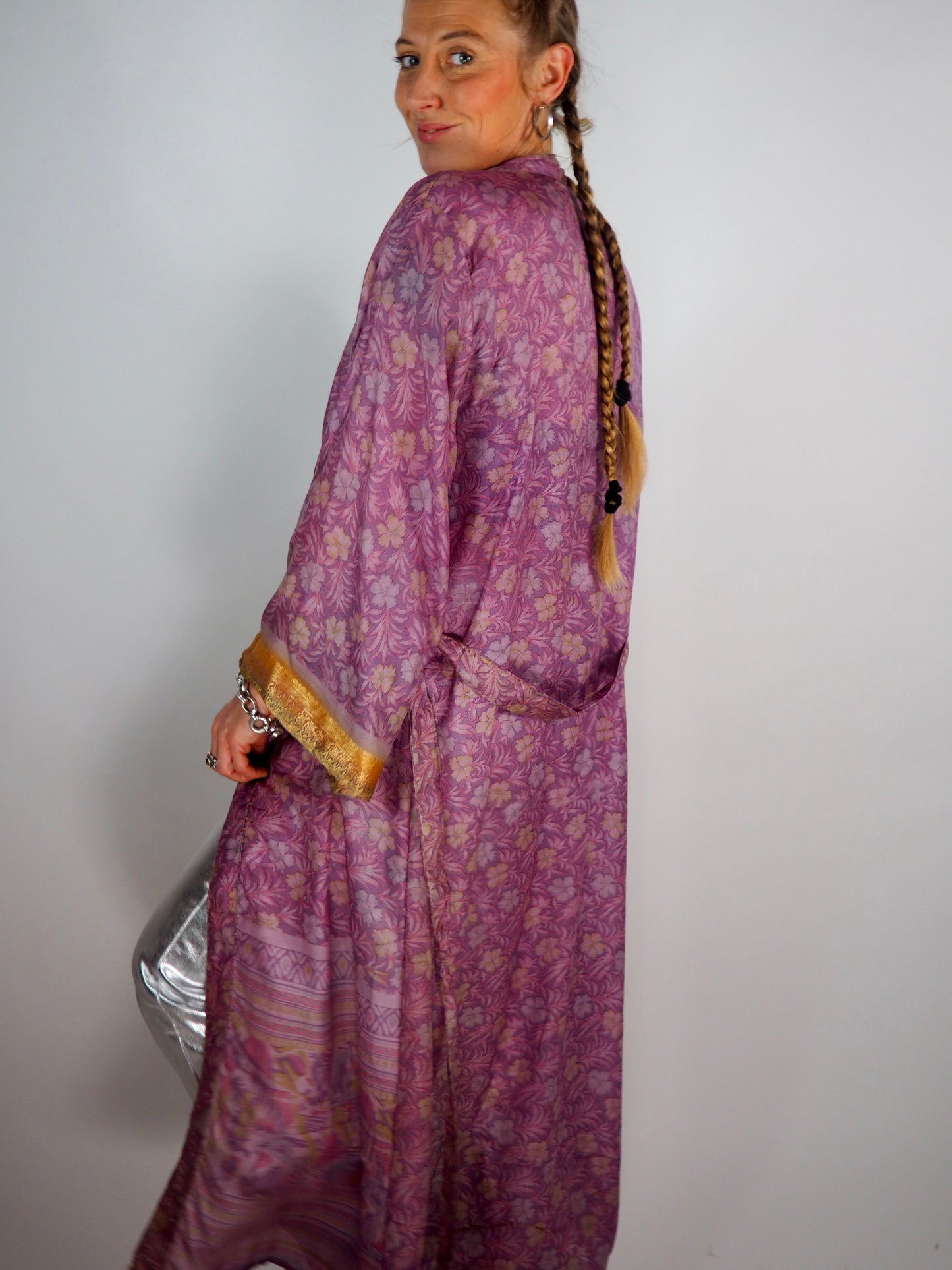 The Kardash Long Kimono – Up-cycled Vintage Sari long Kimono Robe with Waist Tie + Matching Scrunchy & Storage Bag