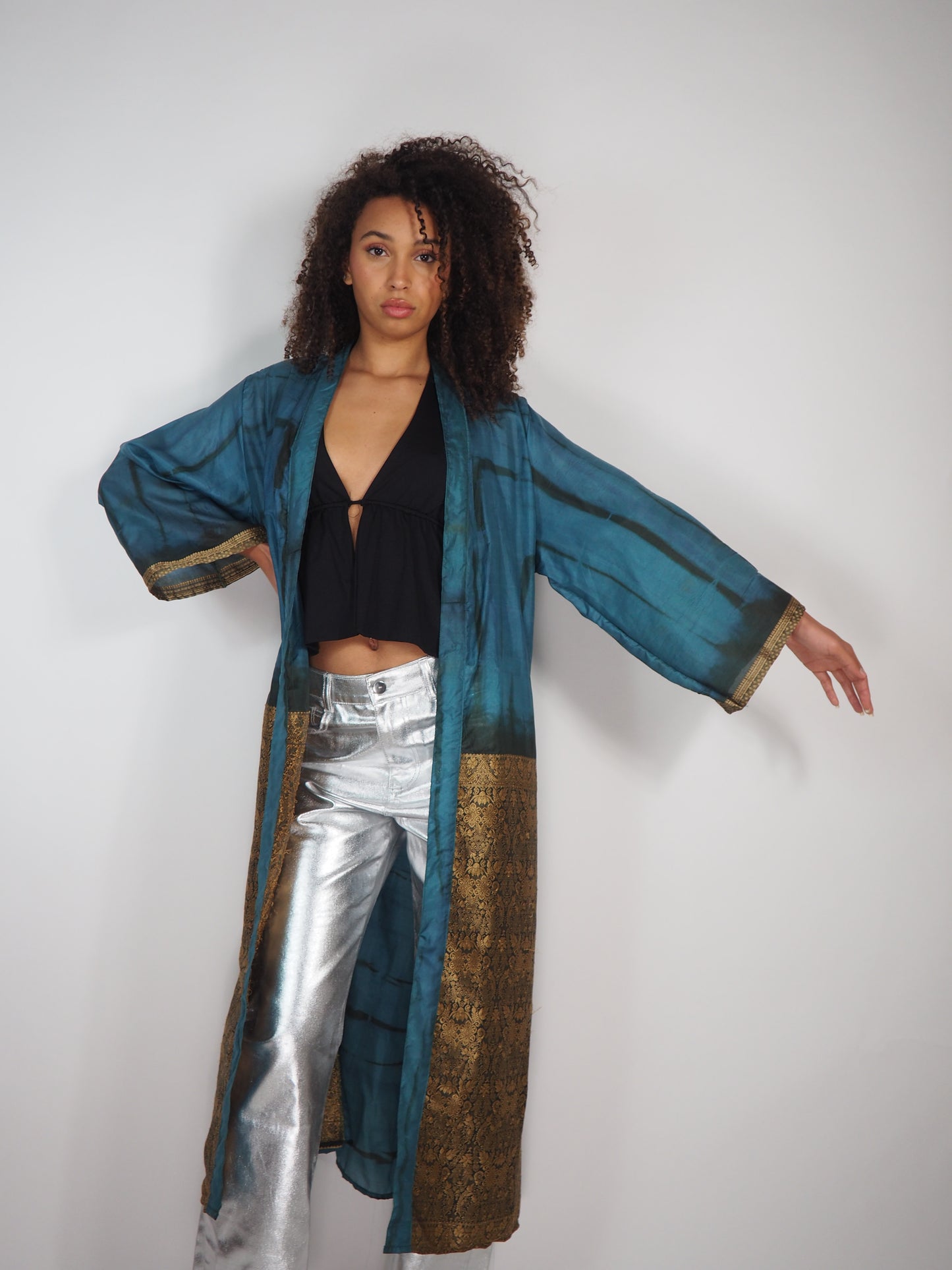 The Kardash Long Kimono – Up-cycled Vintage Sari long Kimono Robe with Waist Tie + Matching Scrunchy & Storage Bag