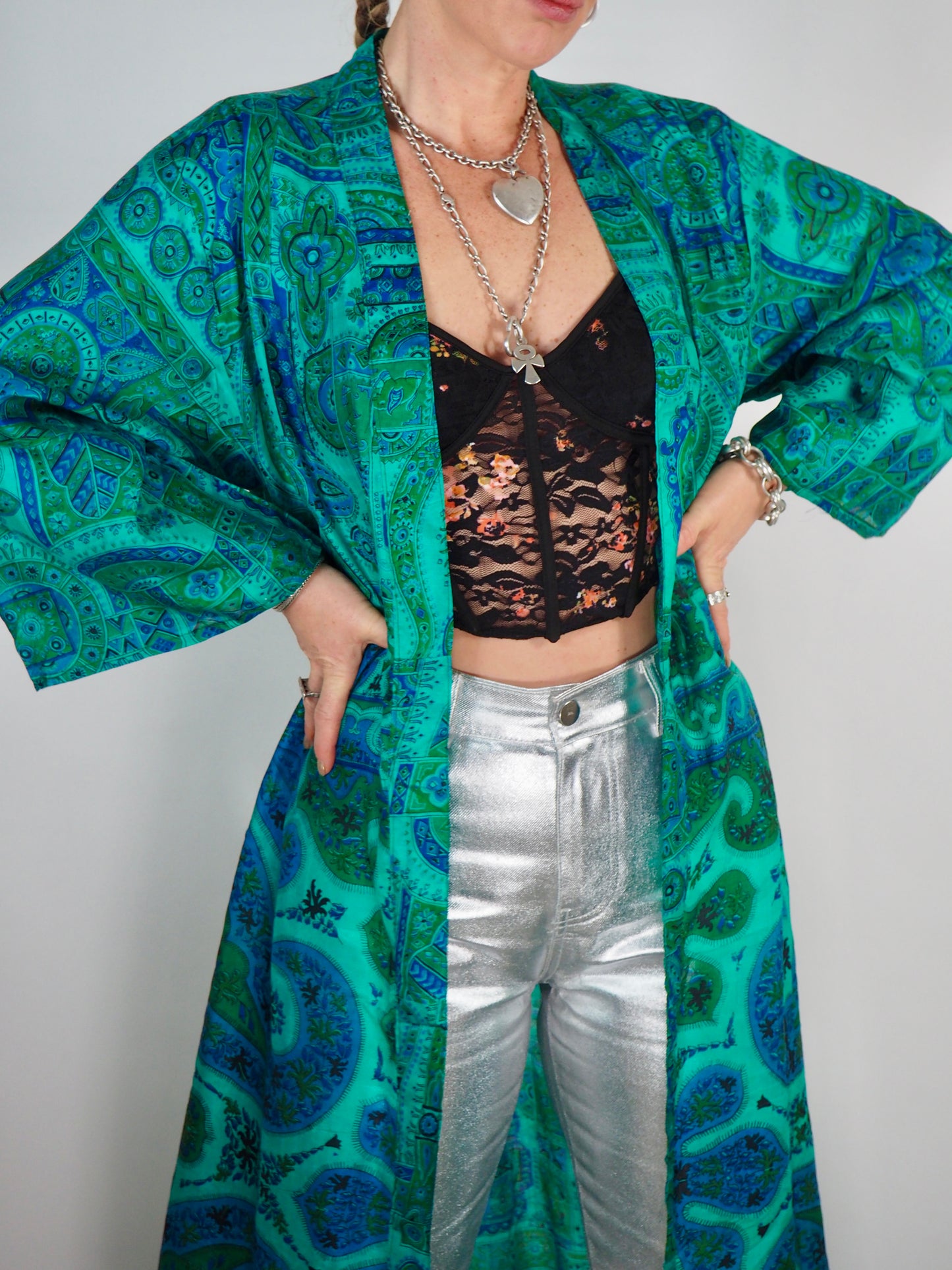 The Kardash Long Kimono – Up-cycled Vintage Sari long Kimono Robe with Waist Tie + Matching Scrunchy & Storage Bag