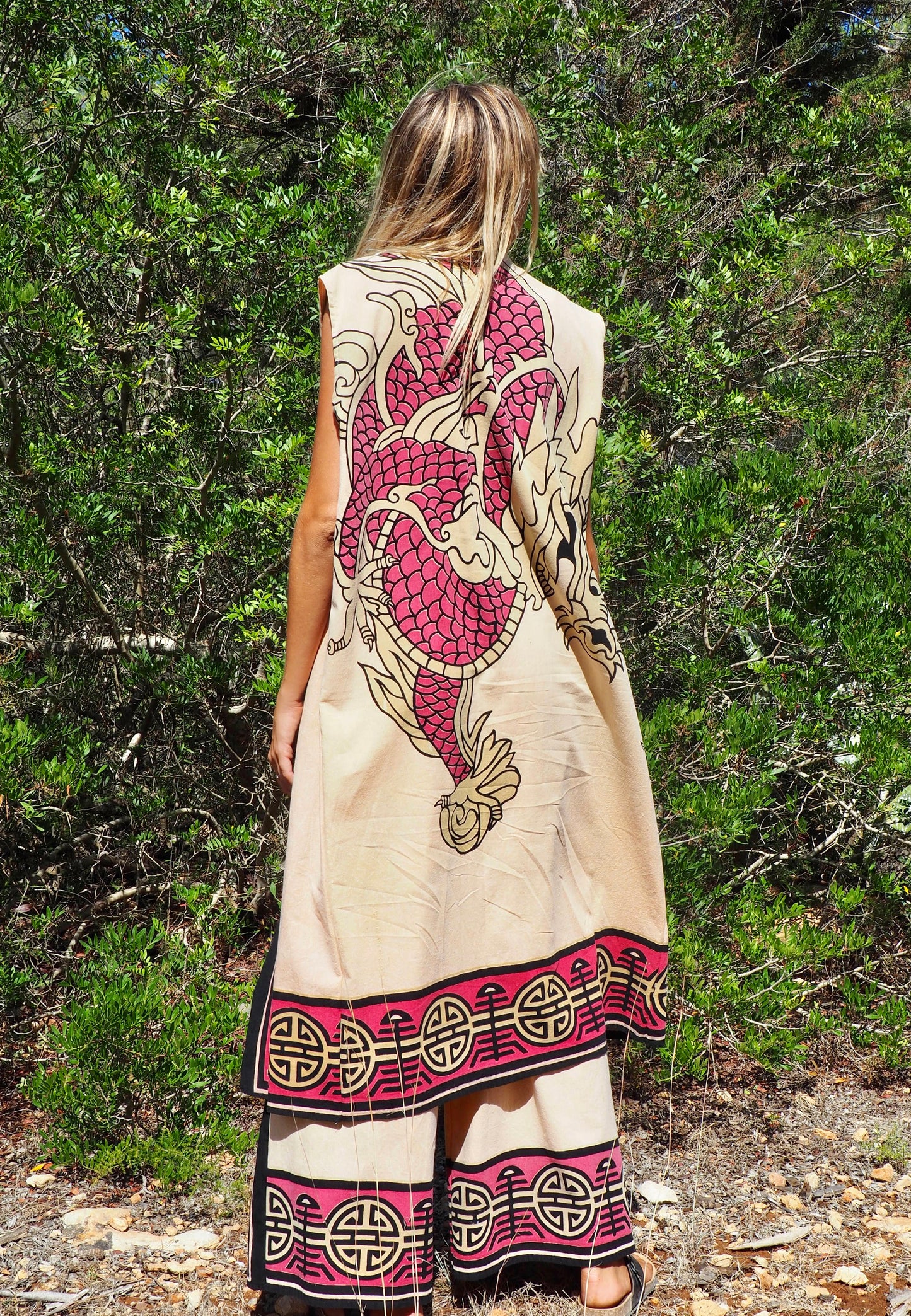 Up-cycled cotton long kimono waistcoat in pink and cream with dragon design and circular motifs by Vagabond Ibiza