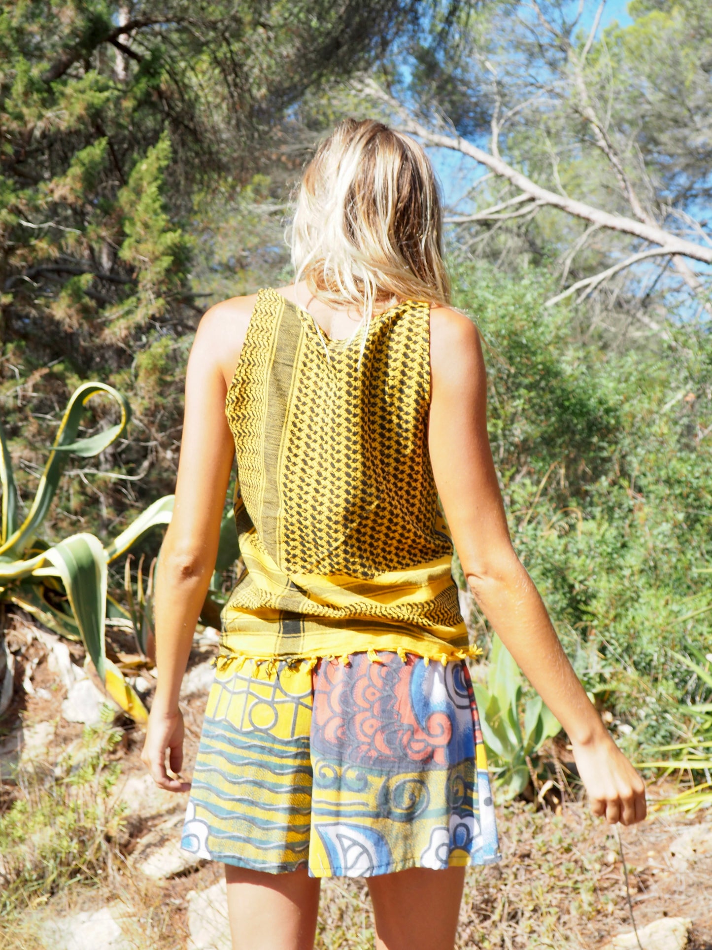 Up-cycled cotton funky bright colourful patchwork  printed vest t-shirt top by Vagabond Ibiza