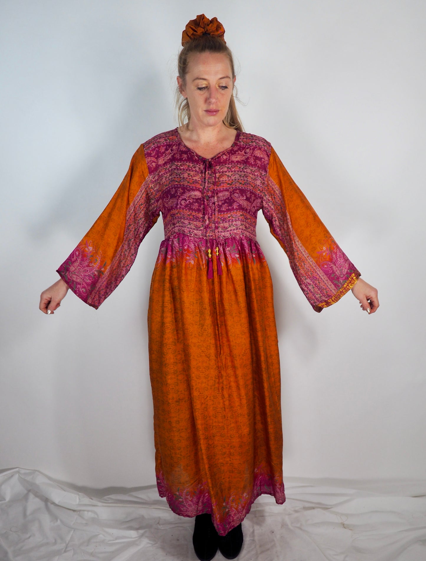 The Vadella Up-cycled Vintage Re-cycled Sari Maxi Dress – Sustainable Boho Dress with Tie Neck Detail + Matching Scrunchy & Bag