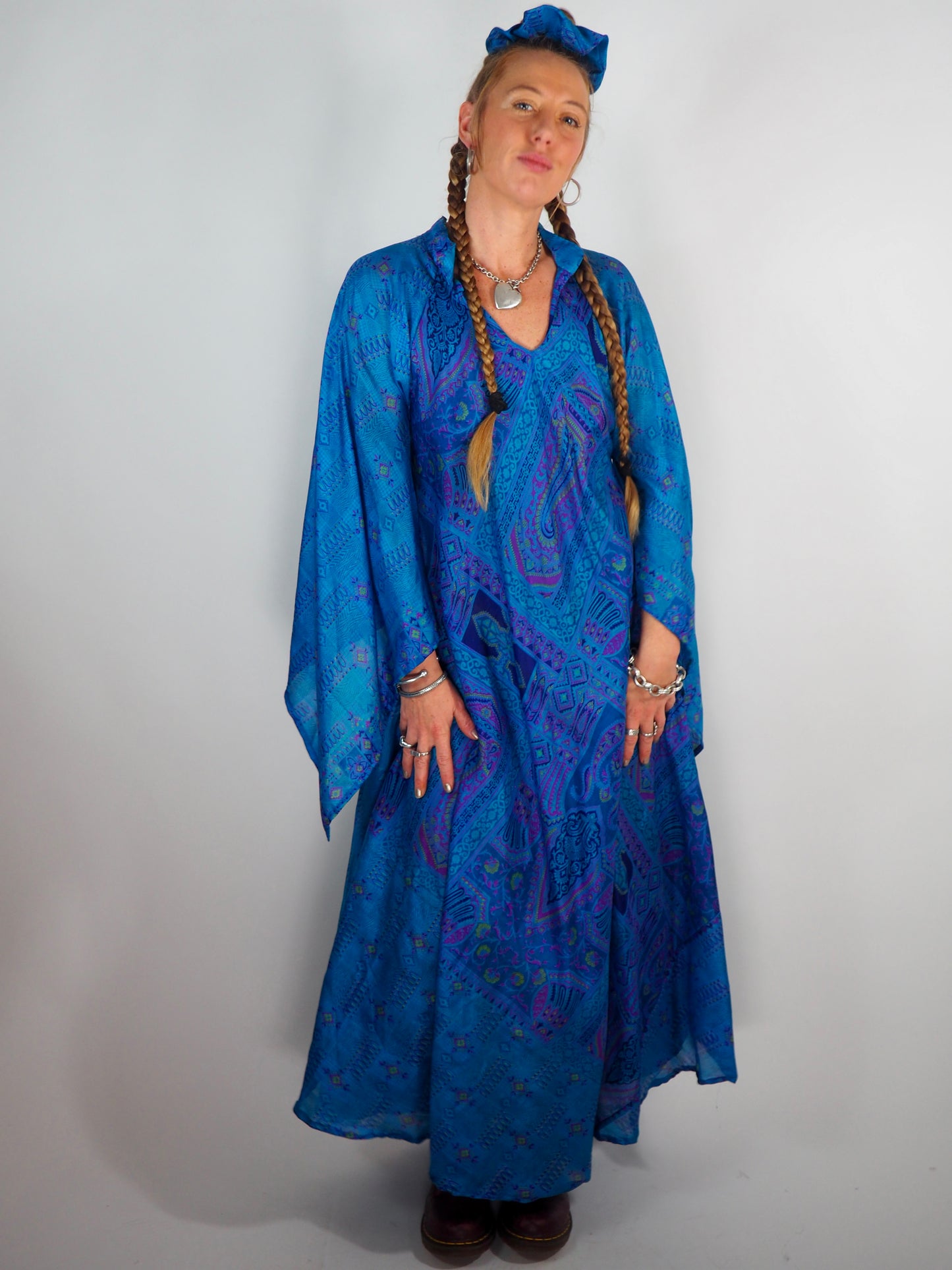 The Diamond Bias-Cut Maxi Dress – Up-cycled Vintage Sari Sustainable Dress with angel Sleeves + Matching Scrunchy & Bag