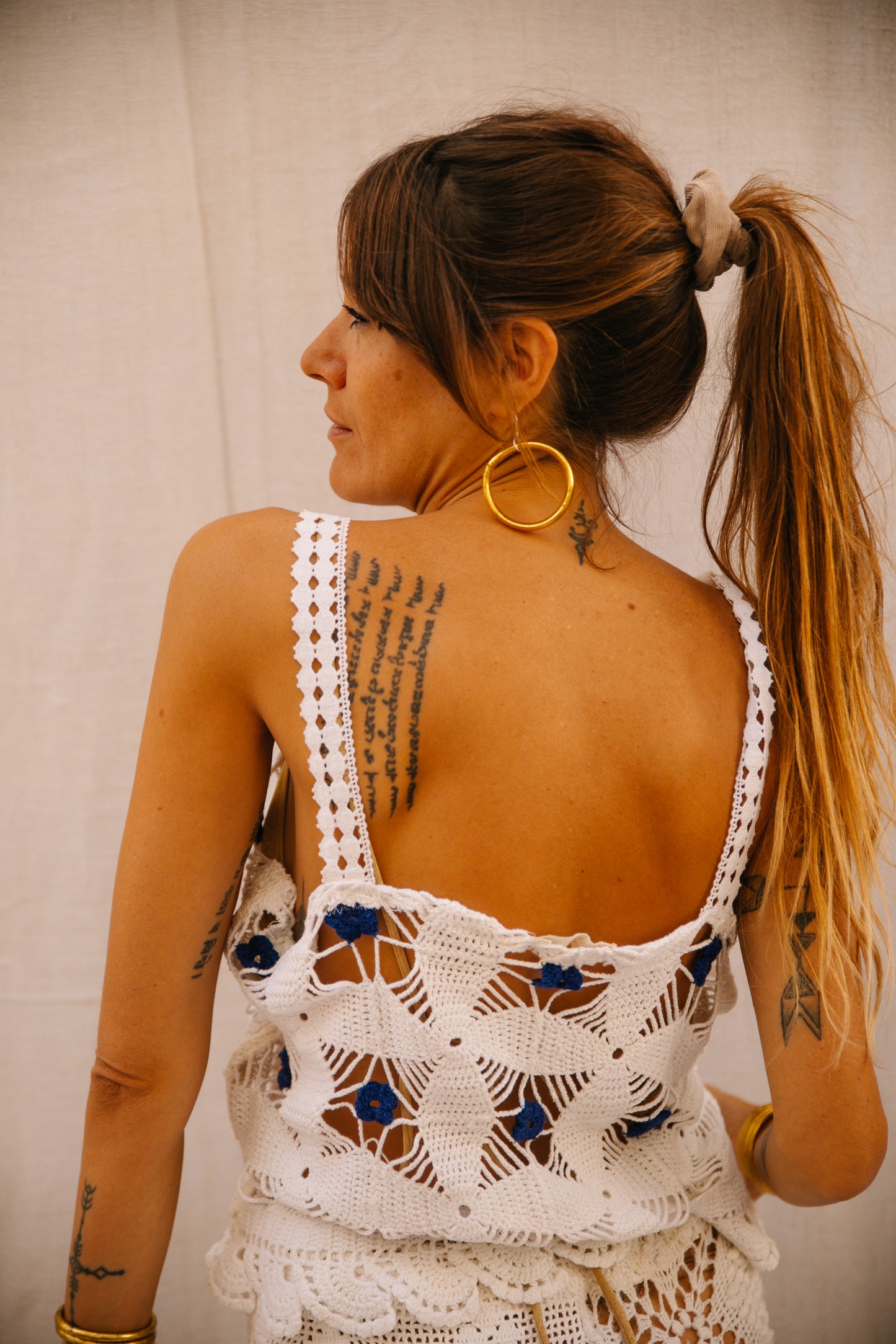 Up-cycled Crochet Top with Blue Flower Details – Handmade by Vagabond Ibiza