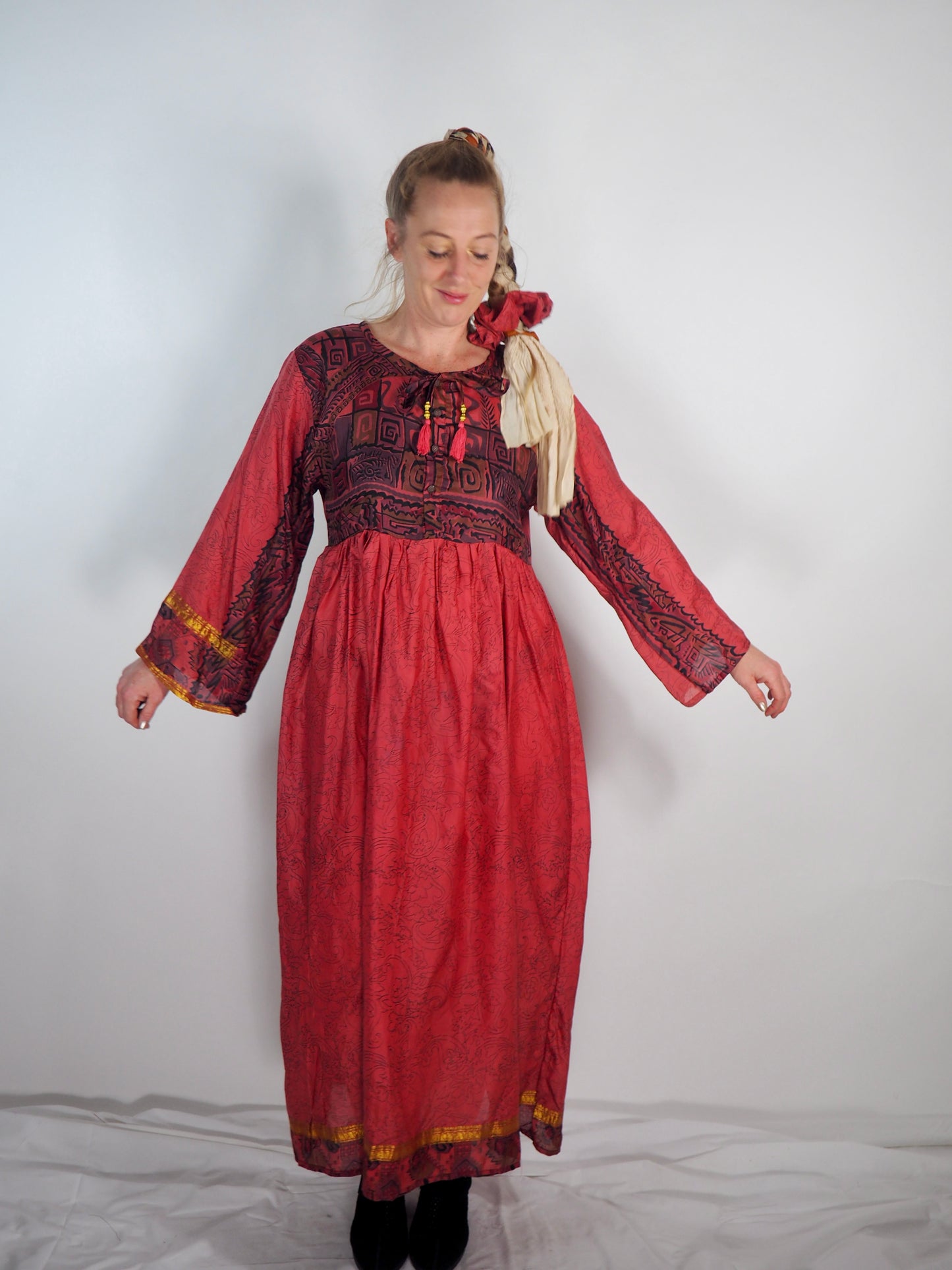 The Vadella Up-cycled Vintage Re-cycled Sari Maxi Dress – Sustainable Boho Dress with Tie Neck Detail + Matching Scrunchy & Bag