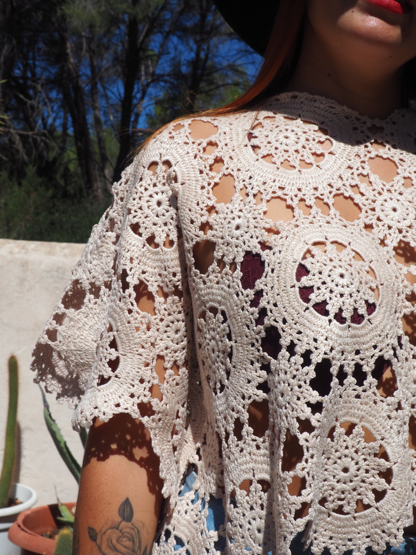 Vintage cream silk crochet top up-cycled by Vagabond Ibiza