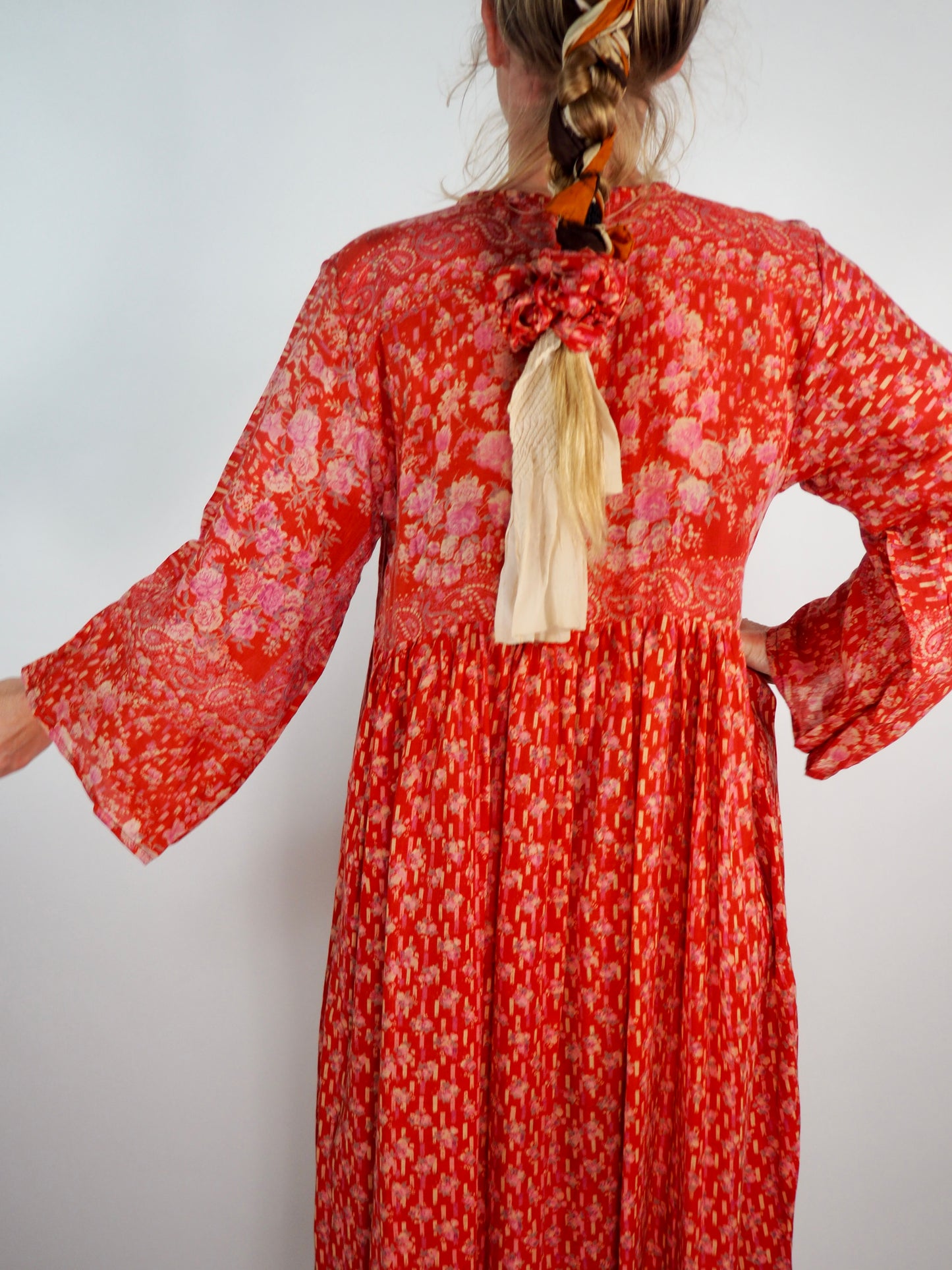 The Vadella Up-cycled Vintage Re-cycled Sari Maxi Dress – Sustainable Boho Dress with Tie Neck Detail + Matching Scrunchy & Bag