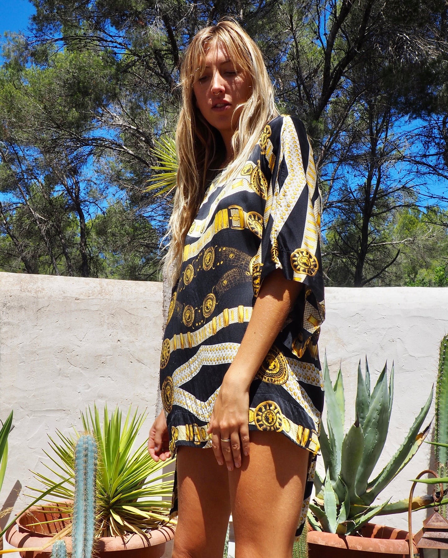 Pure silk black and gold printed dress/top super easy to wear day and night