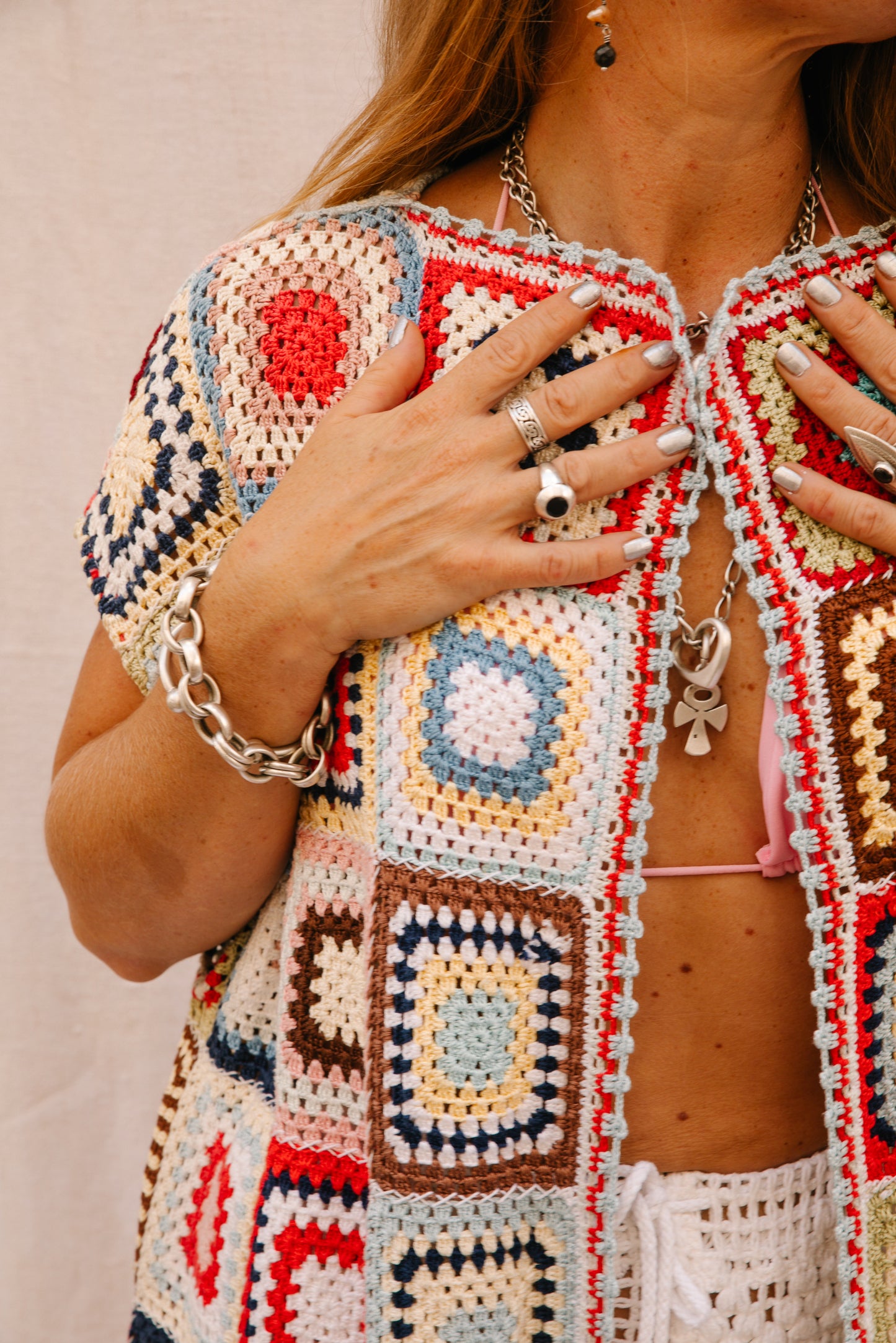 Vintage 1970s Granny Square Crochet blanket jacket waistcoat up-cycled by Vagabond Ibiza