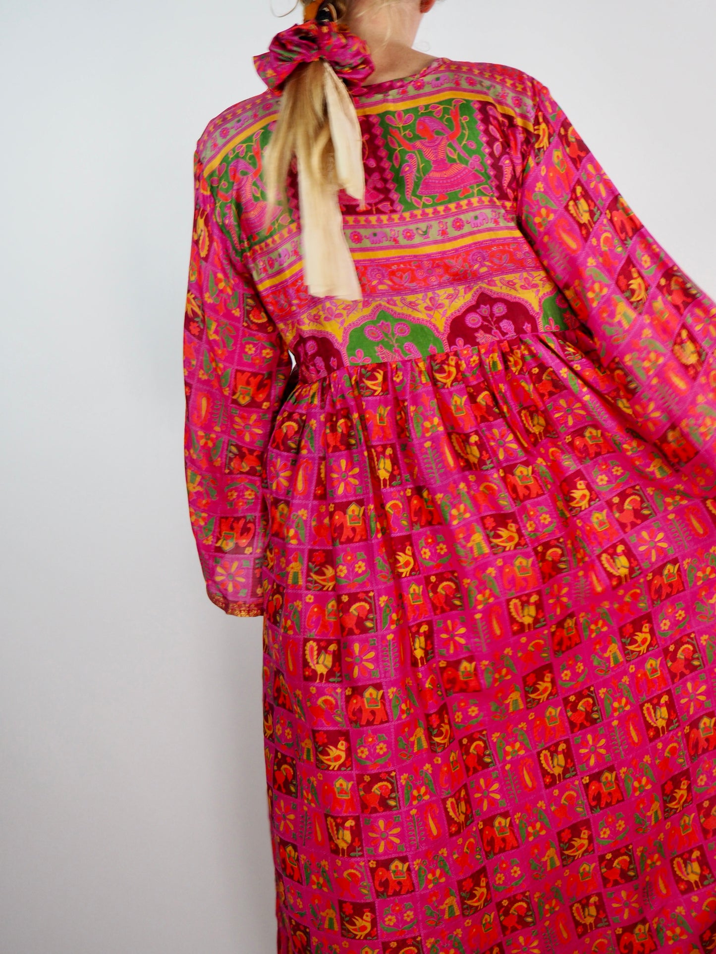 The Vadella Up-cycled Vintage Re-cycled Sari Maxi Dress – Sustainable Boho Dress with Tie Neck Detail + Matching Scrunchy & Bag