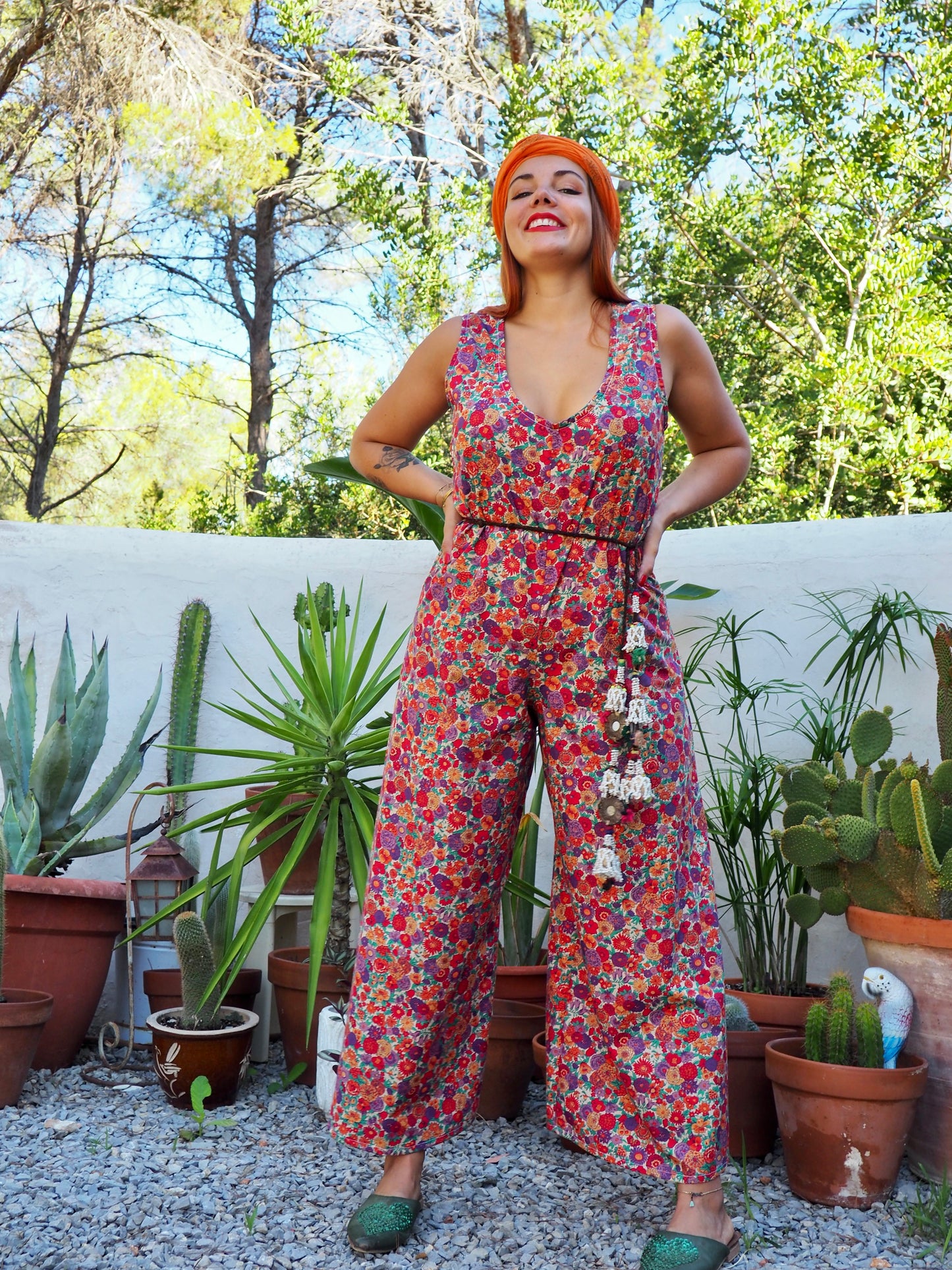 Vintage floral printed jumpsuits with wide leg pants and zip in back for fit up-cycled by Vagabond Ibiza