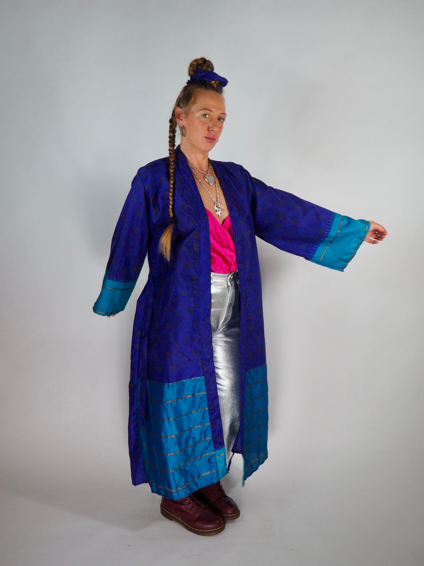 The Kardash Long Kimono – Up-cycled Vintage Sari long Kimono Robe with Waist Tie + Matching Scrunchy & Storage Bag