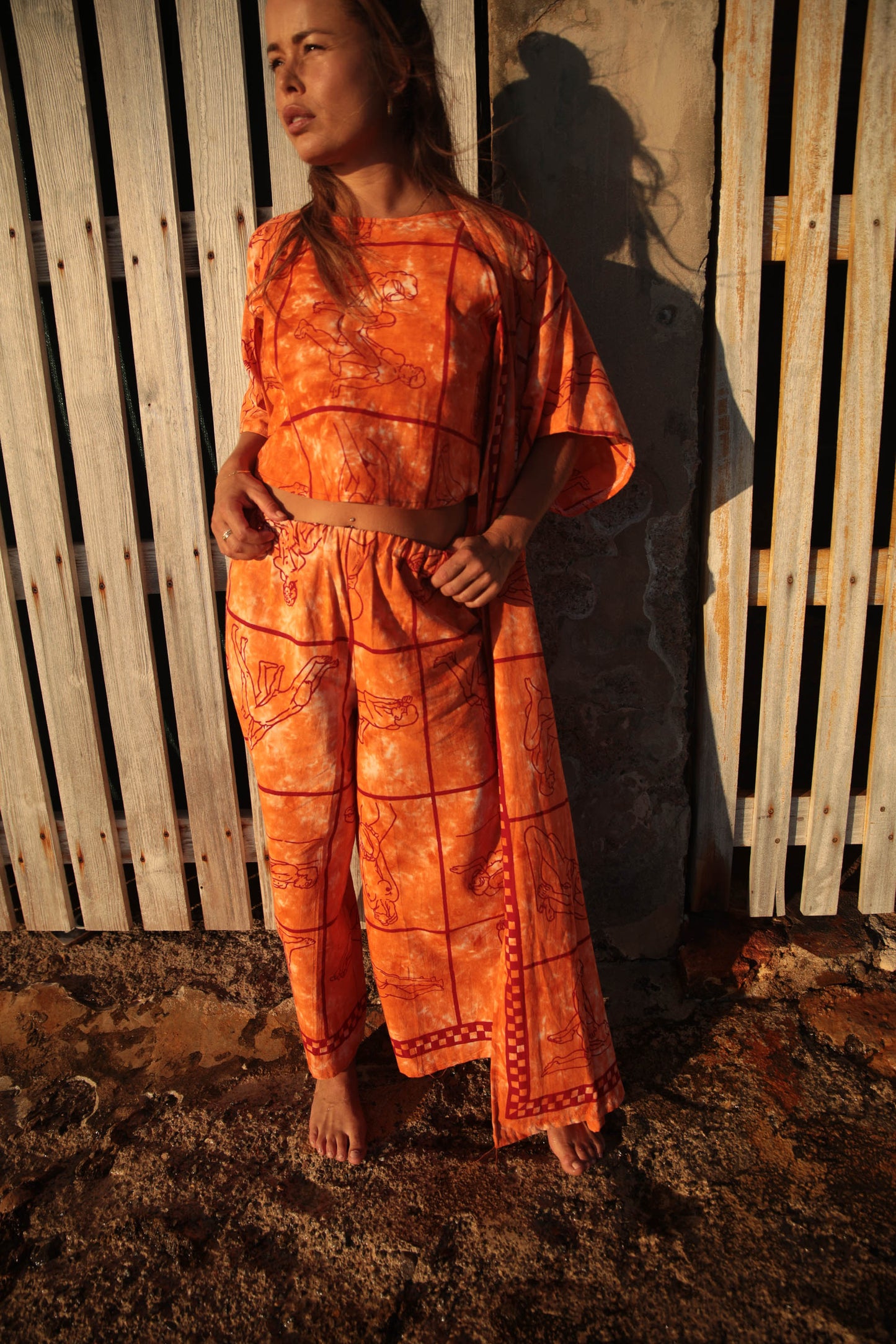 Up-cycled vintage cotton 3 piece set top and pants and mid length kimono cover up with printed karma sutra design in bright orange