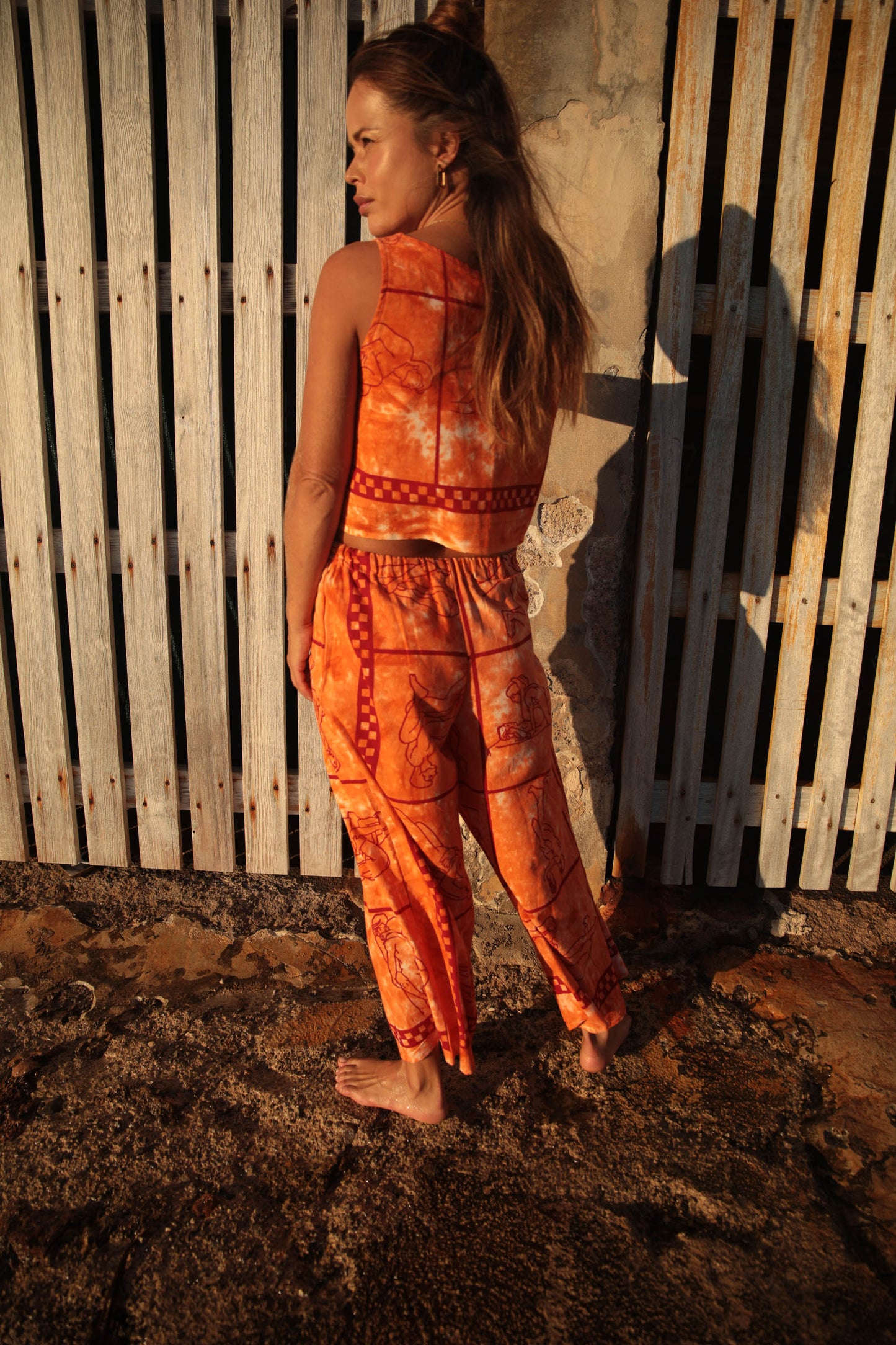 Up-cycled vintage cotton 3 piece set top and pants and mid length kimono cover up with printed karma sutra design in bright orange