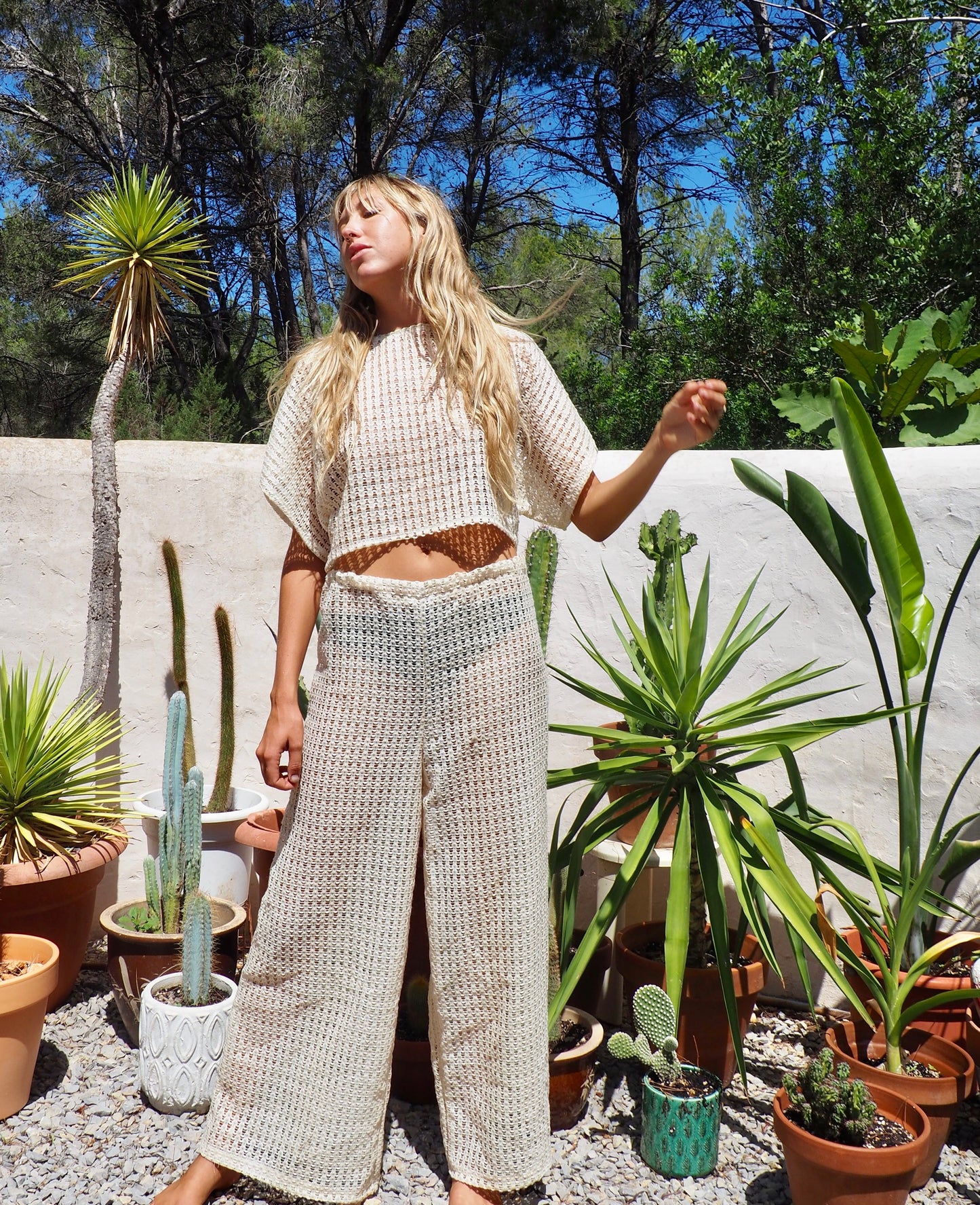 Up-cycled cream mesh woven shear crop top with sleeves by Vagabond Ibiza