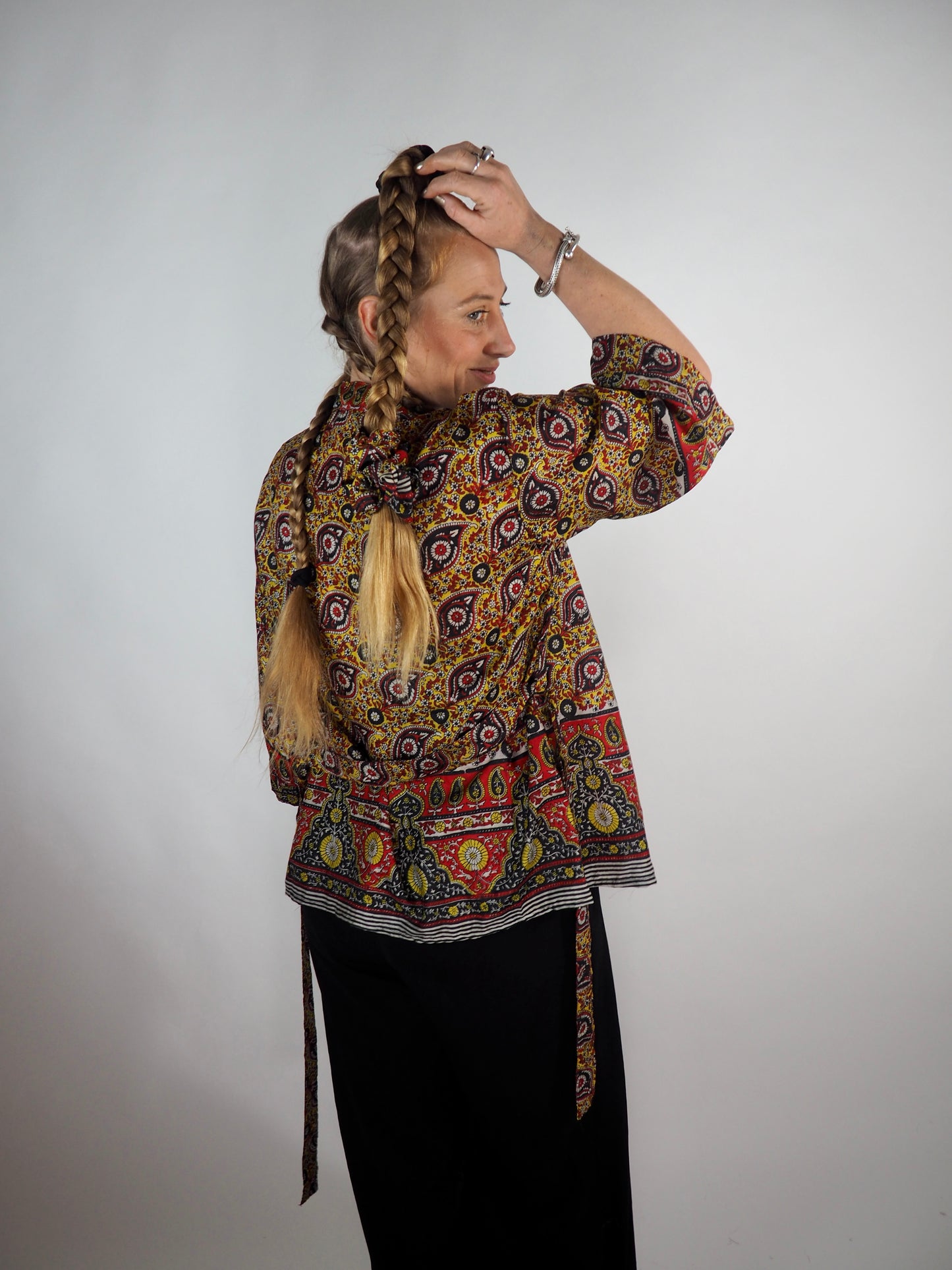 The Kardash Short Kimono – Vintage Re-cycled Sari Kimono Jacket with Waist Tie + Matching Scrunchy & Storage Bag