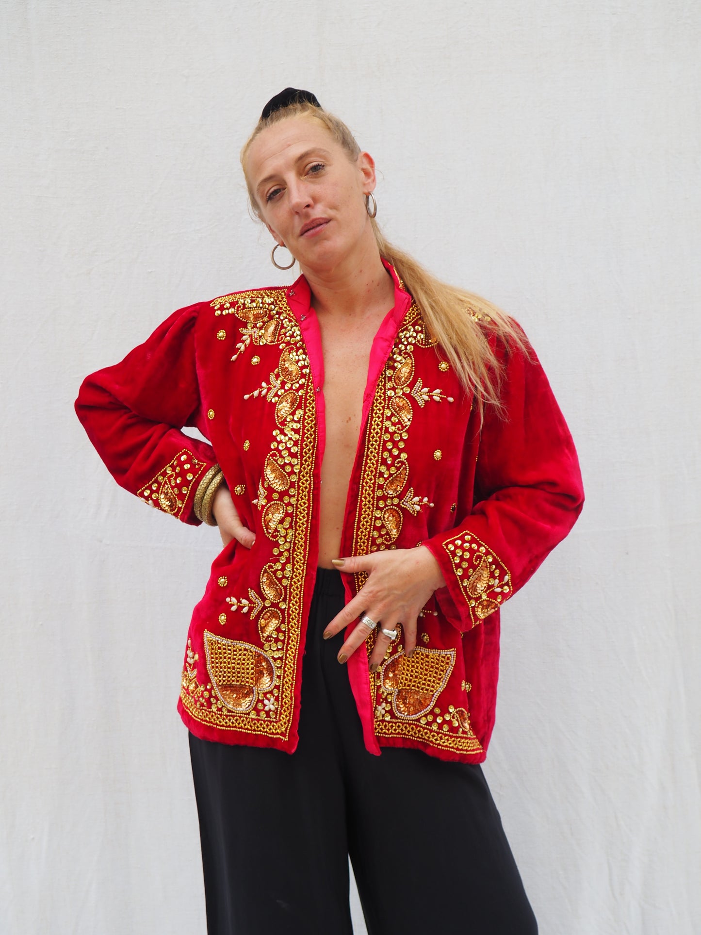 Vintage 1980s Red Velvet Jacket with Gold Sequin and Beaded Detailing