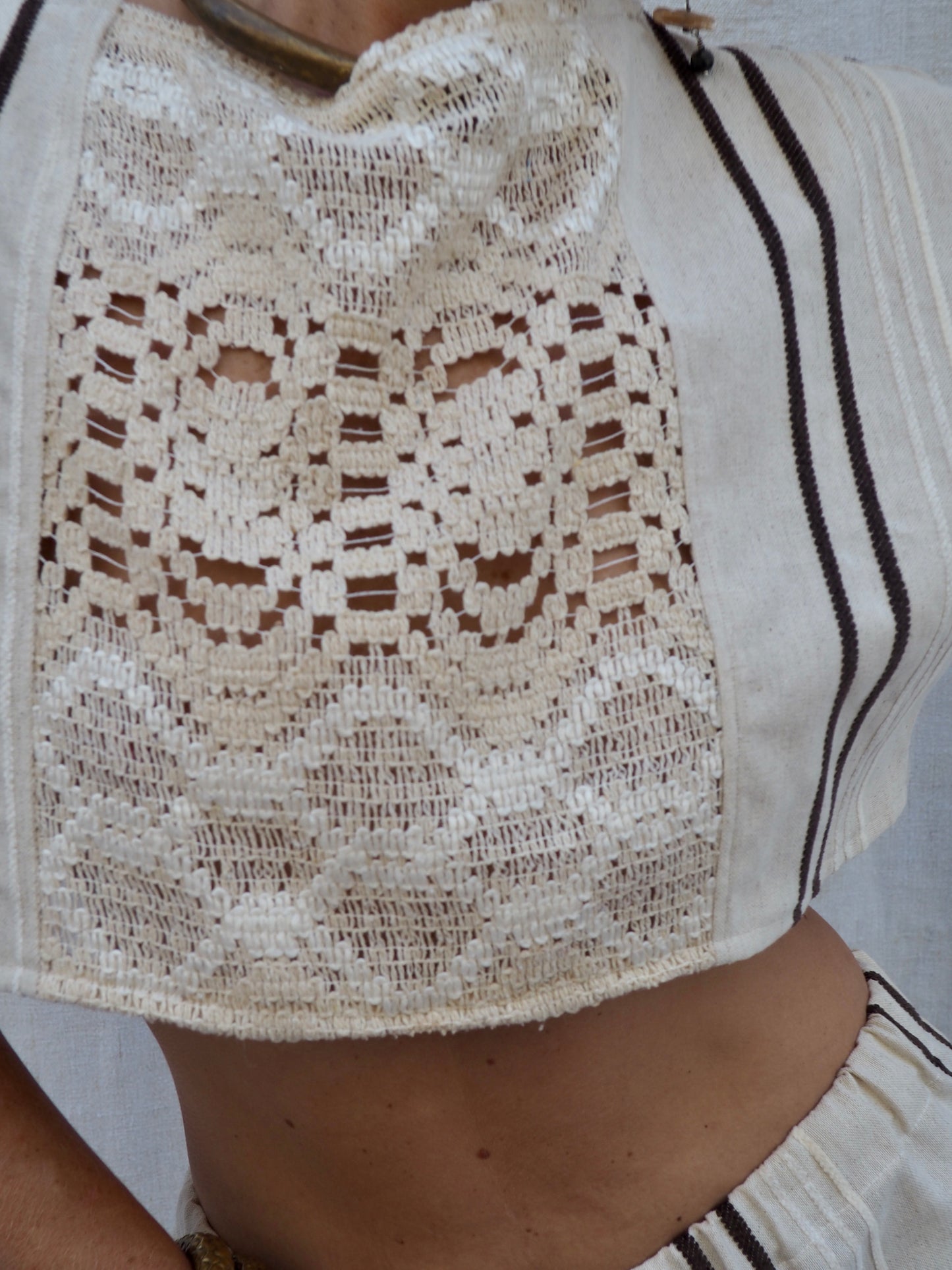 Up-cycled Vintage Linen Cropped T-Shirt with Lace Paneling & Capped Sleeves – Handmade by Vagabond Ibiza