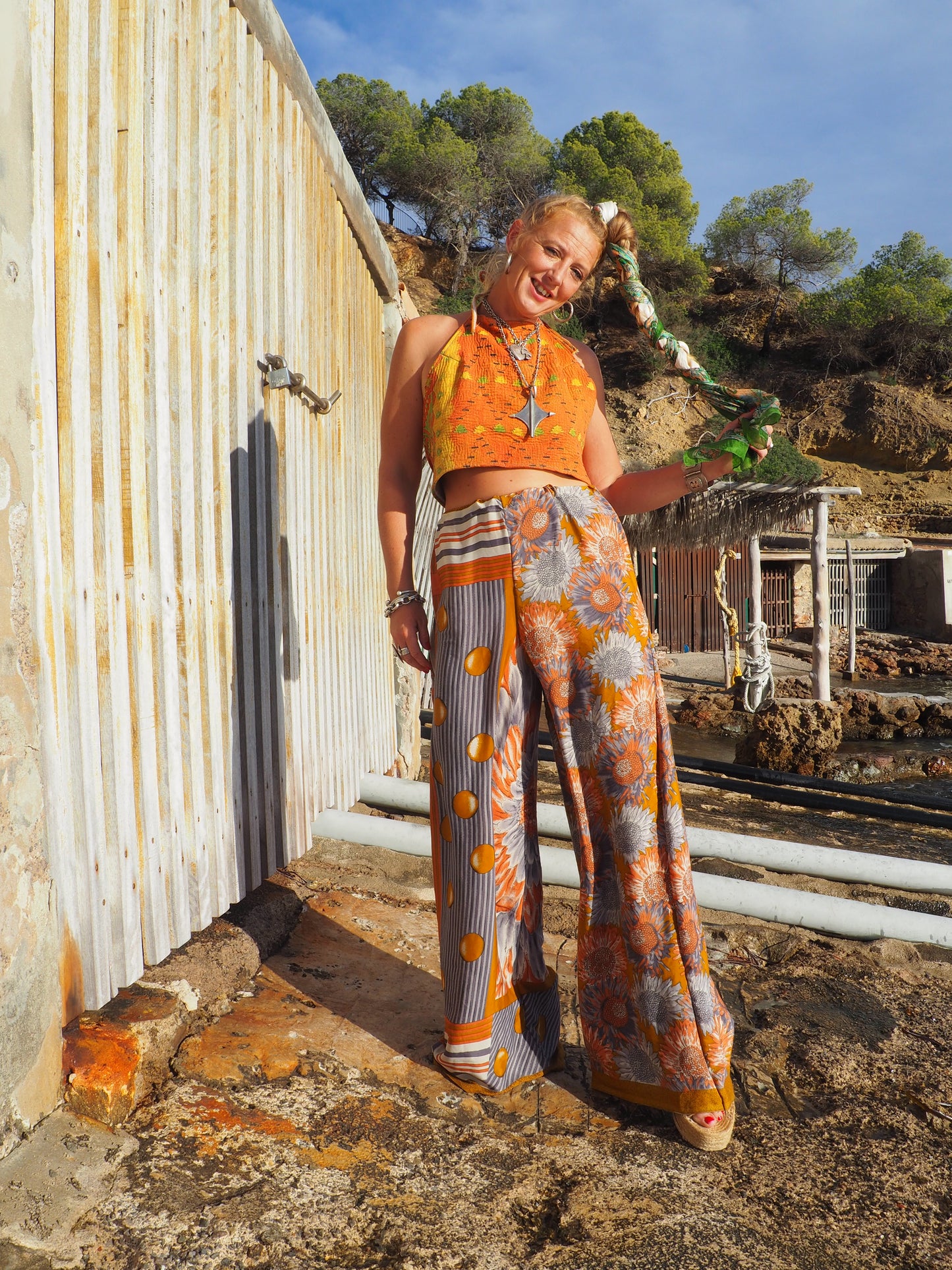 Wide leg pants with elastic waste made by vagabond Ibiza from vintage fabric off cuts