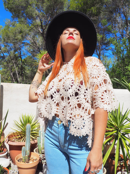 Vintage cream silk crochet top up-cycled by Vagabond Ibiza