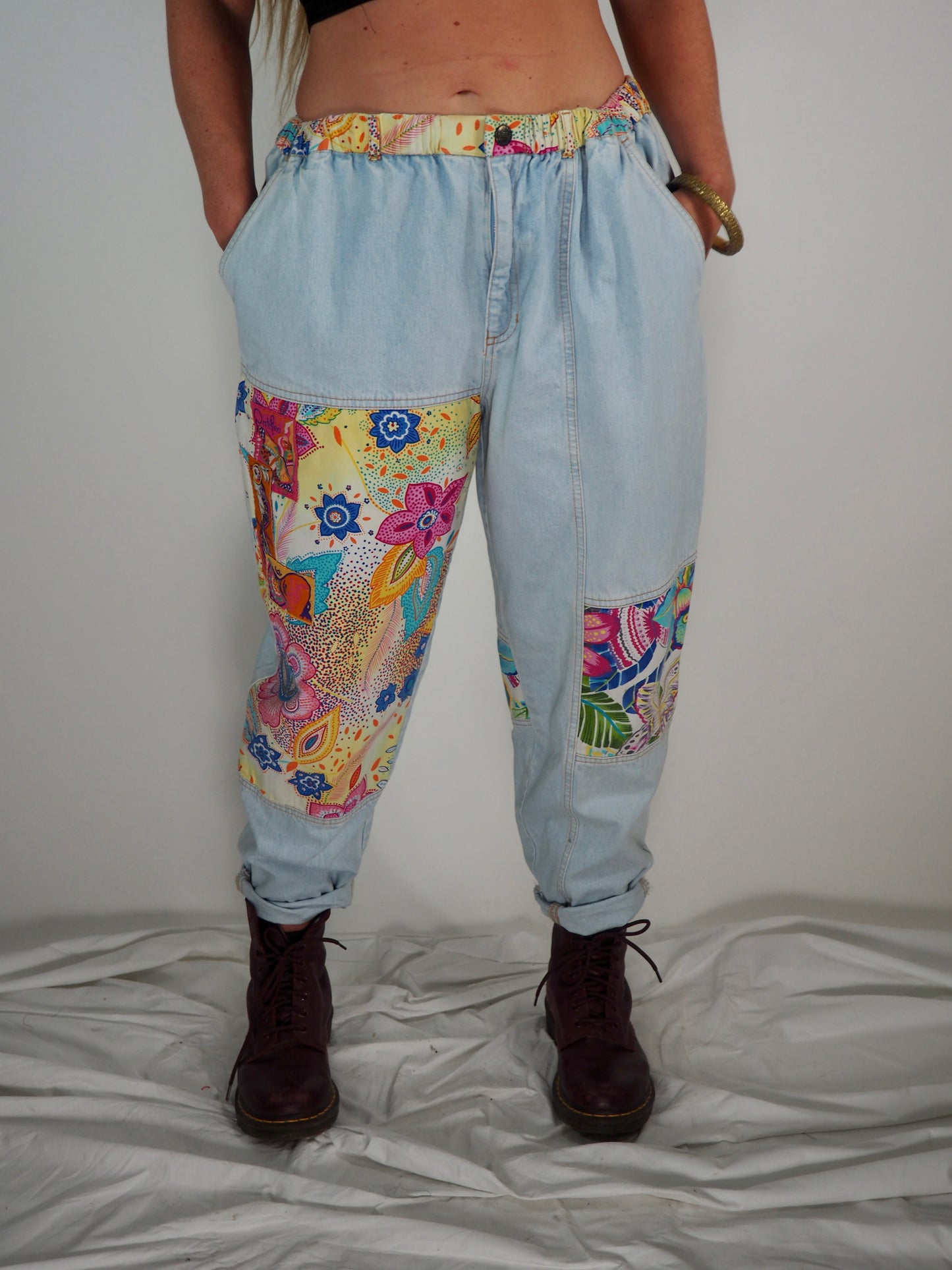 Vintage 1980s Denim Patchwork Pants a bold and playful statement piece