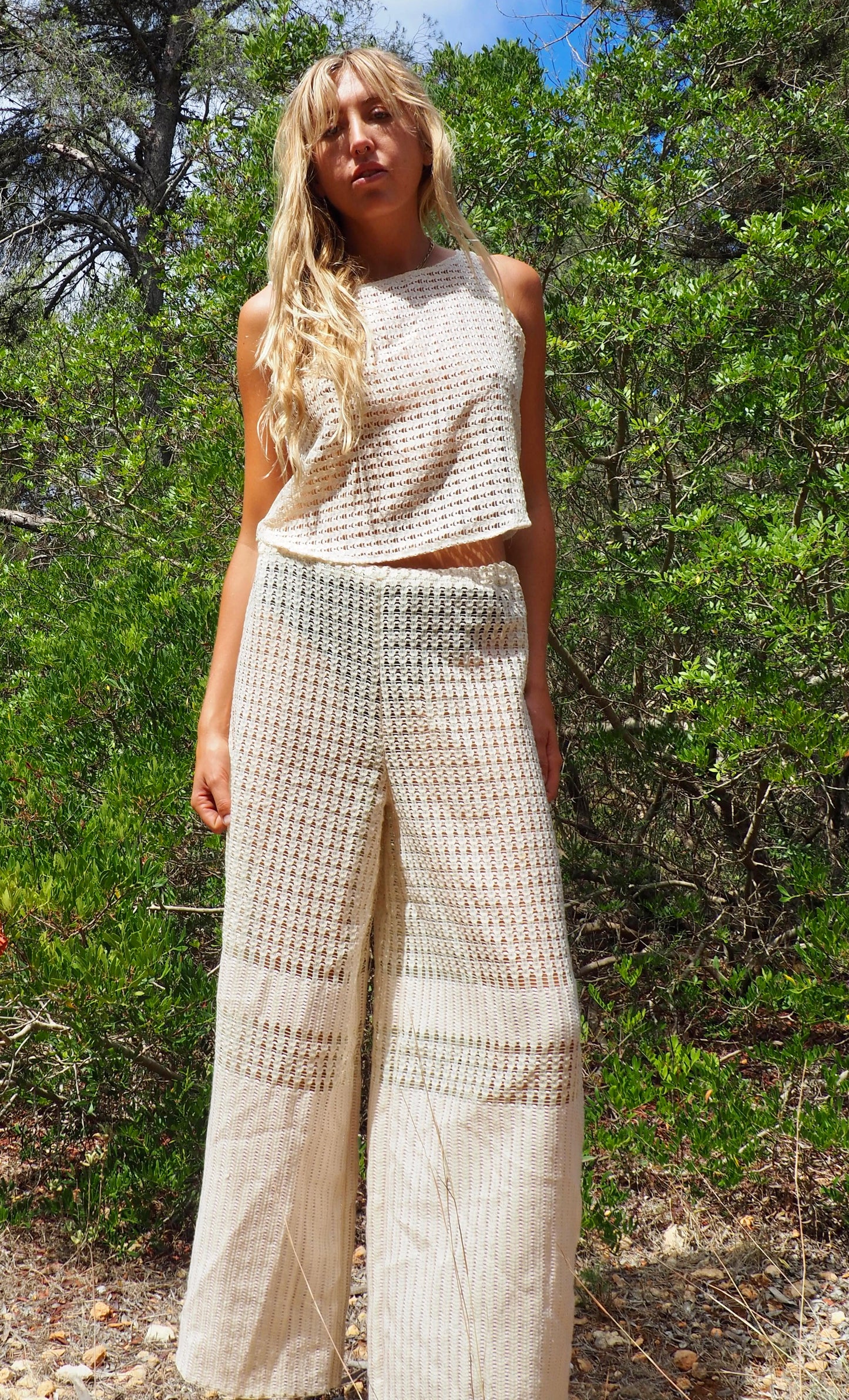 Up-cycled cream mesh woven shear crop top vest by Vagabond Ibiza