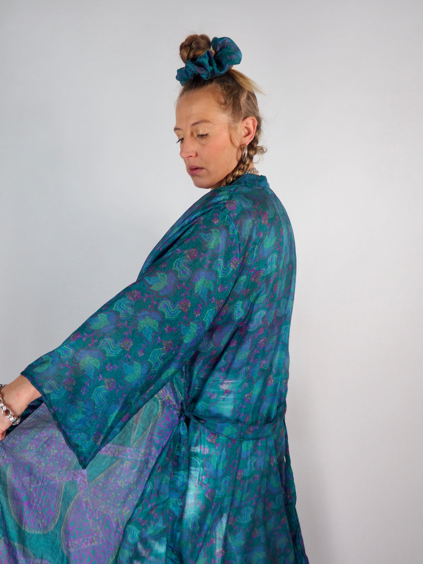 The Kardash Long Kimono – Up-cycled Vintage Sari long Kimono Robe with Waist Tie + Matching Scrunchy & Storage Bag