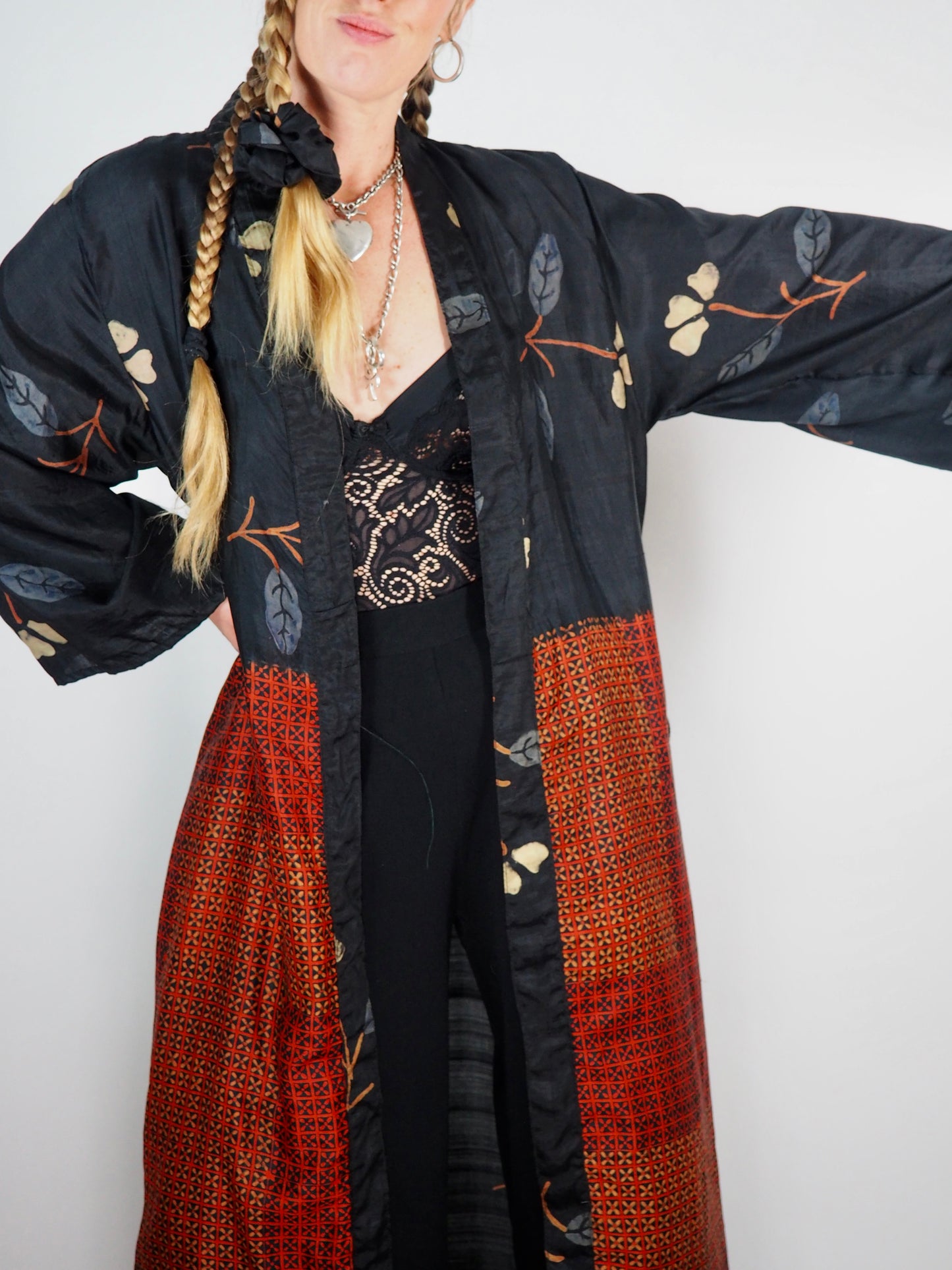 The Kardash Long Kimono – Up-cycled Vintage Sari long Kimono Robe with Waist Tie + Matching Scrunchy & Storage Bag