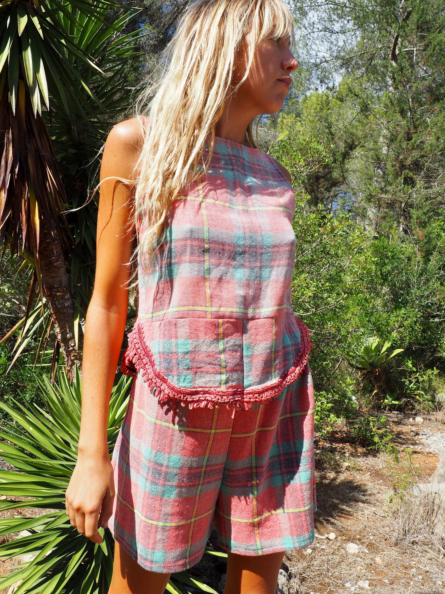 Vintage red and green 1970’s checked table cloth top by Vagabond Ibiza