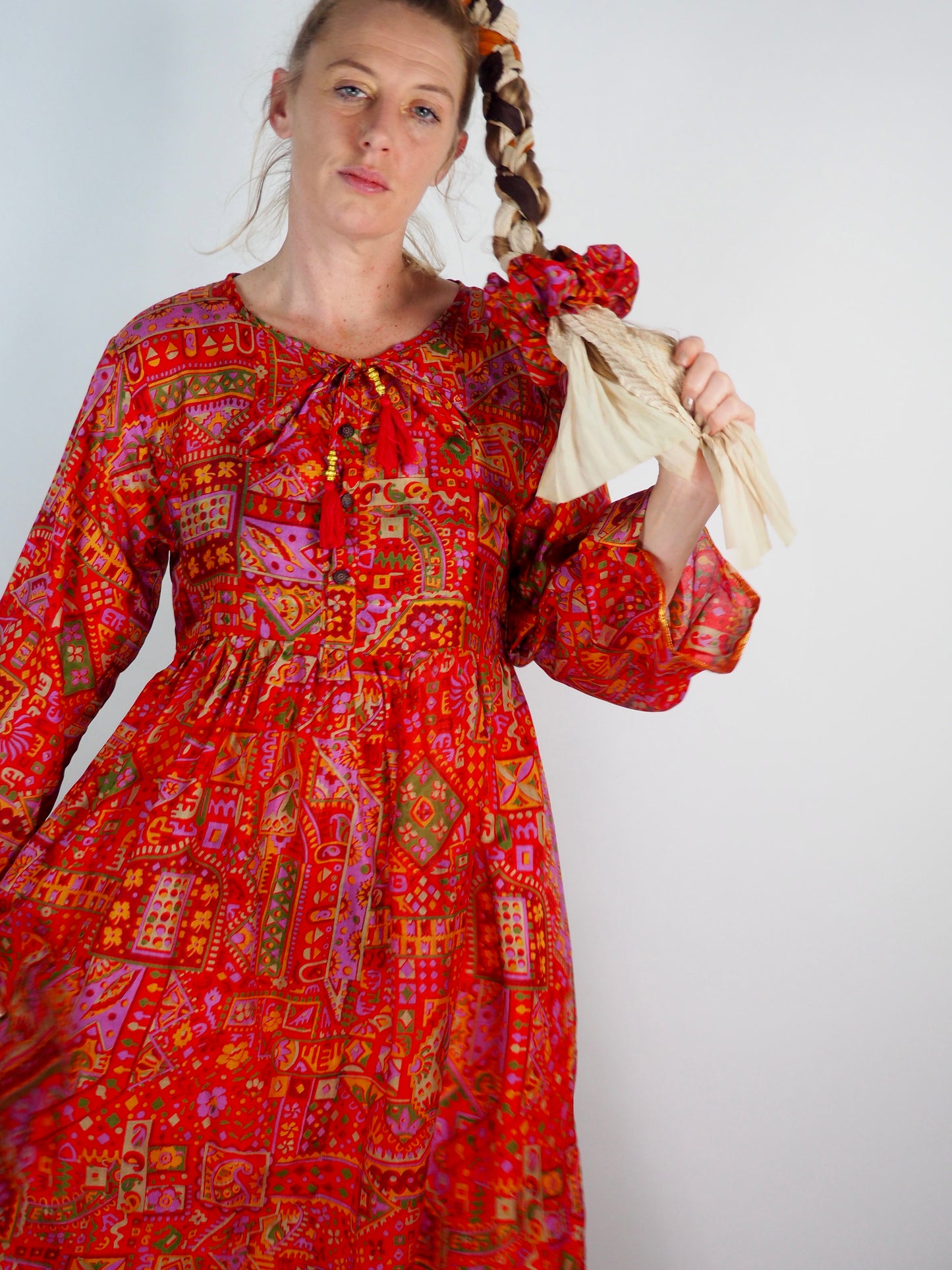 The Vadella Up-cycled Vintage Re-cycled Sari Maxi Dress – Sustainable Boho Dress with Tie Neck Detail + Matching Scrunchy & Bag