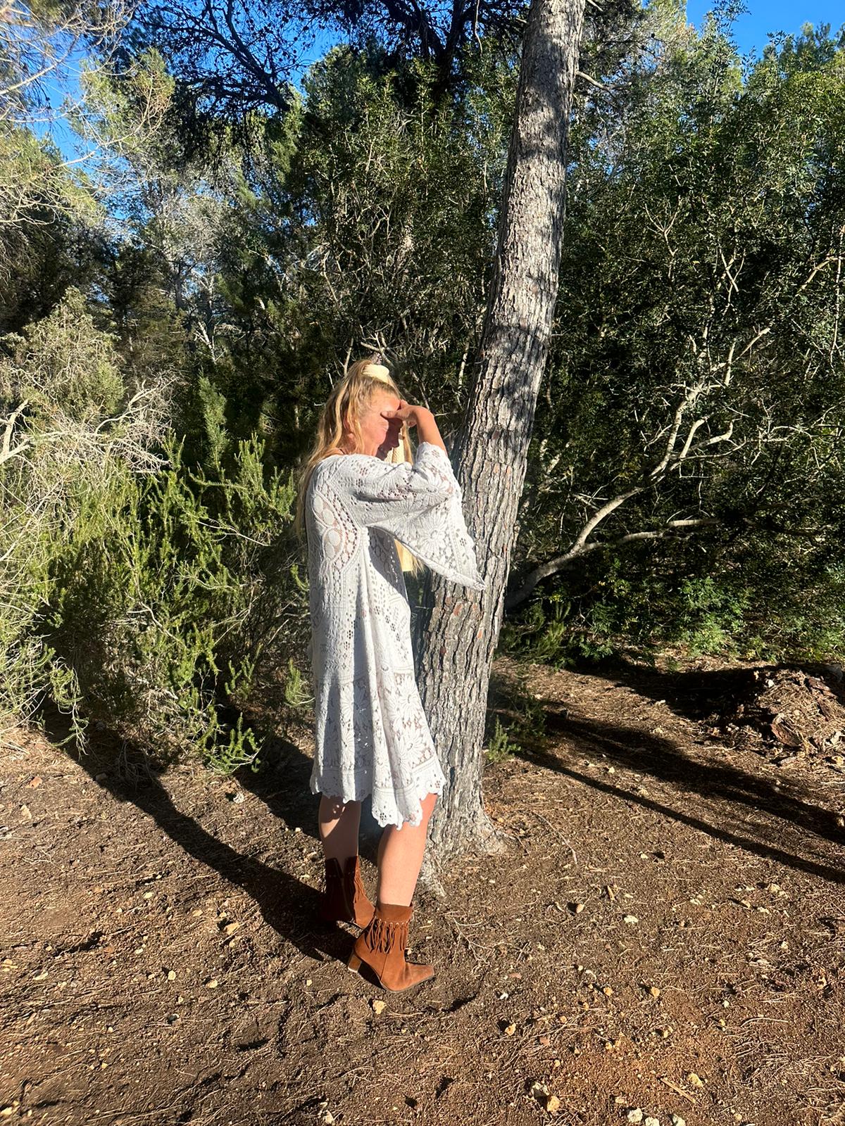 White vintage lace upcycled bell sleeve dress made by Vagabond Ibiza made in Ibiza